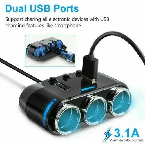 Cigarette Lighter Adapter 3x Multiple Ports + 2 USB Car Charger