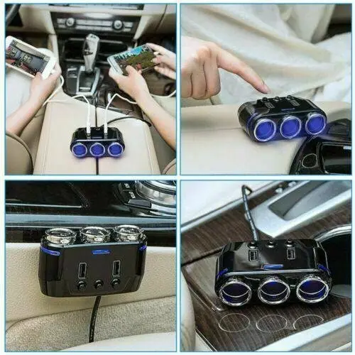 Cigarette Lighter Adapter 3x Multiple Ports + 2 USB Car Charger