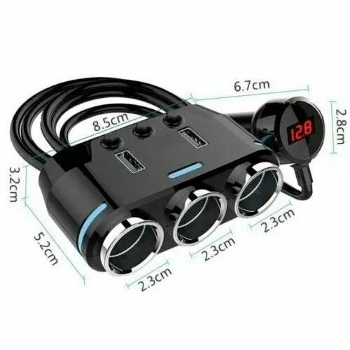 Cigarette Lighter Adapter 3x Multiple Ports + 2 USB Car Charger