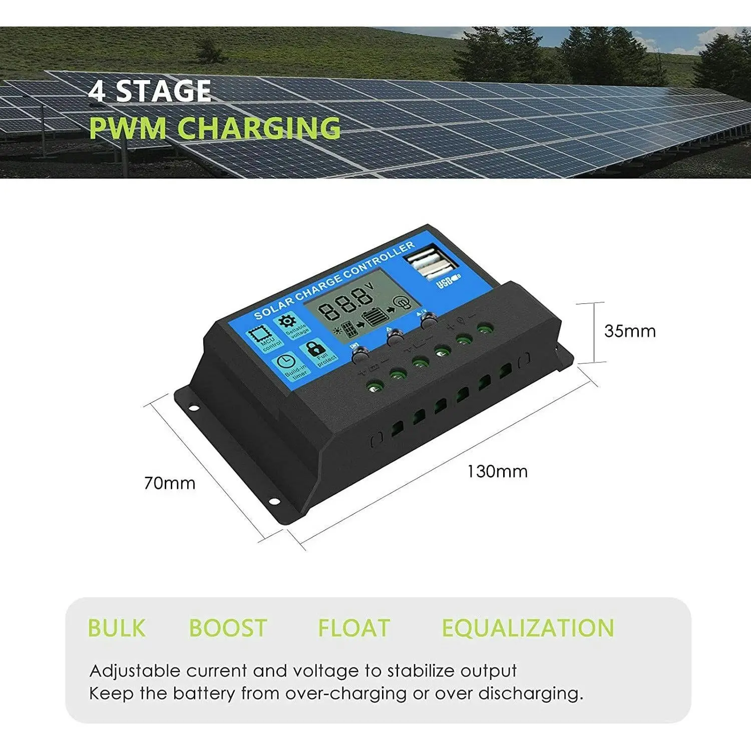 Solar Panel Charge Controller & Regulator 12V/24V auto dual USB 30A Battery PWM