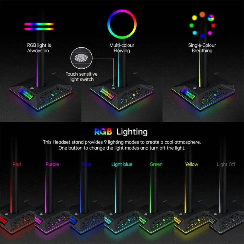 RGB Earphone Gaming Headset Holder Hanger Headphone Stand with 3.5mm 2 USB Ports