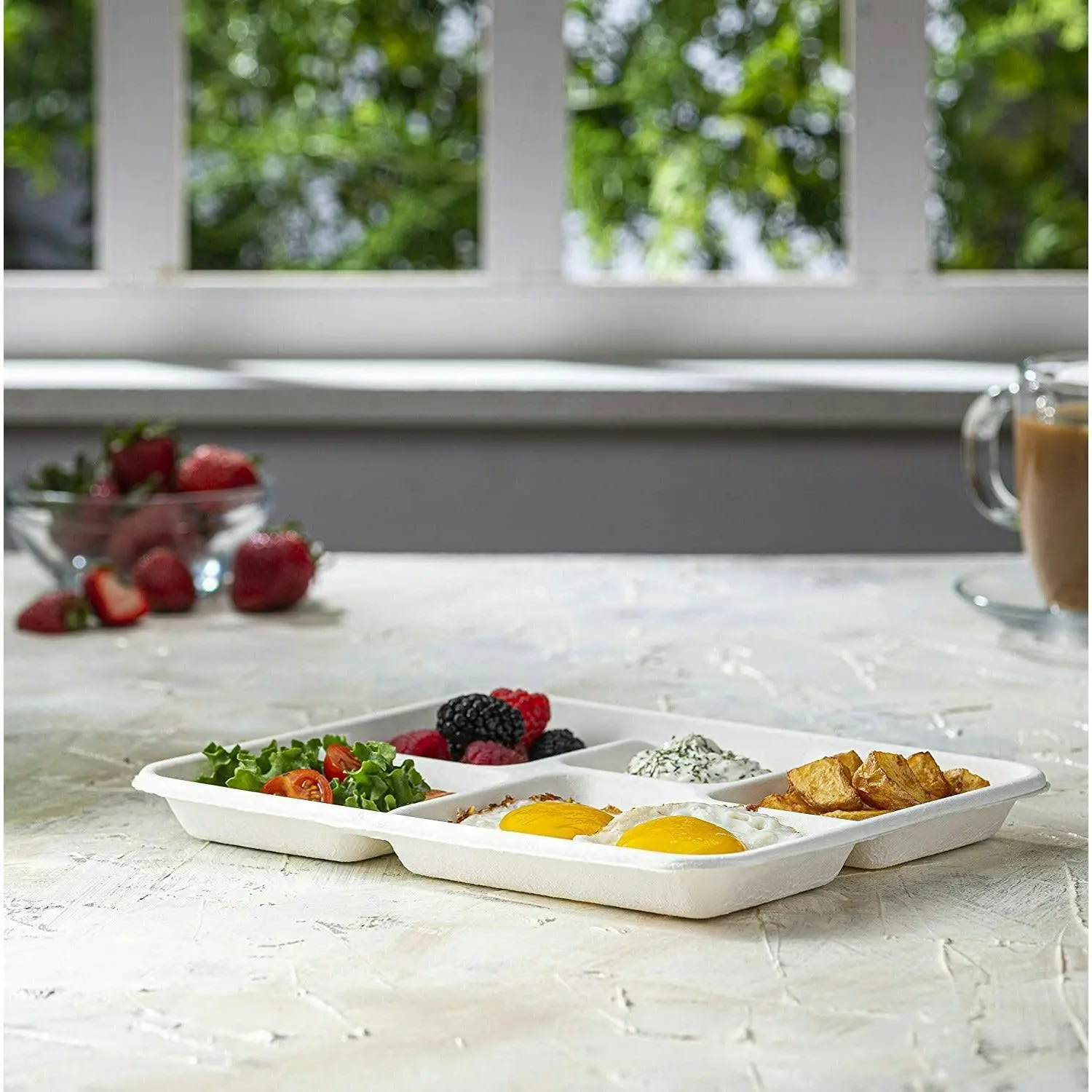 125 Pack | Disposable 100% Compostable 5 Compartment Plates Eco-Friendly