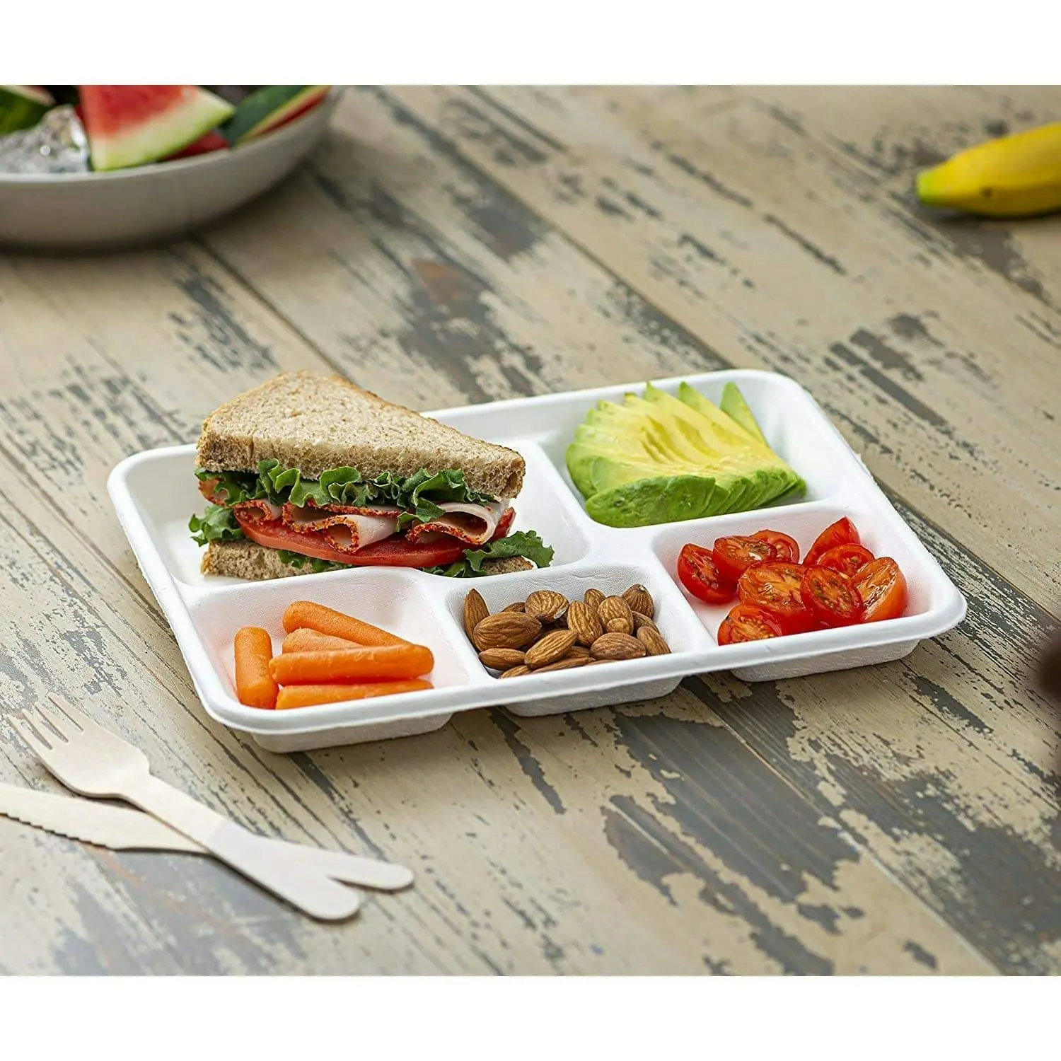 125 Pack | Disposable 100% Compostable 5 Compartment Plates Eco-Friendly