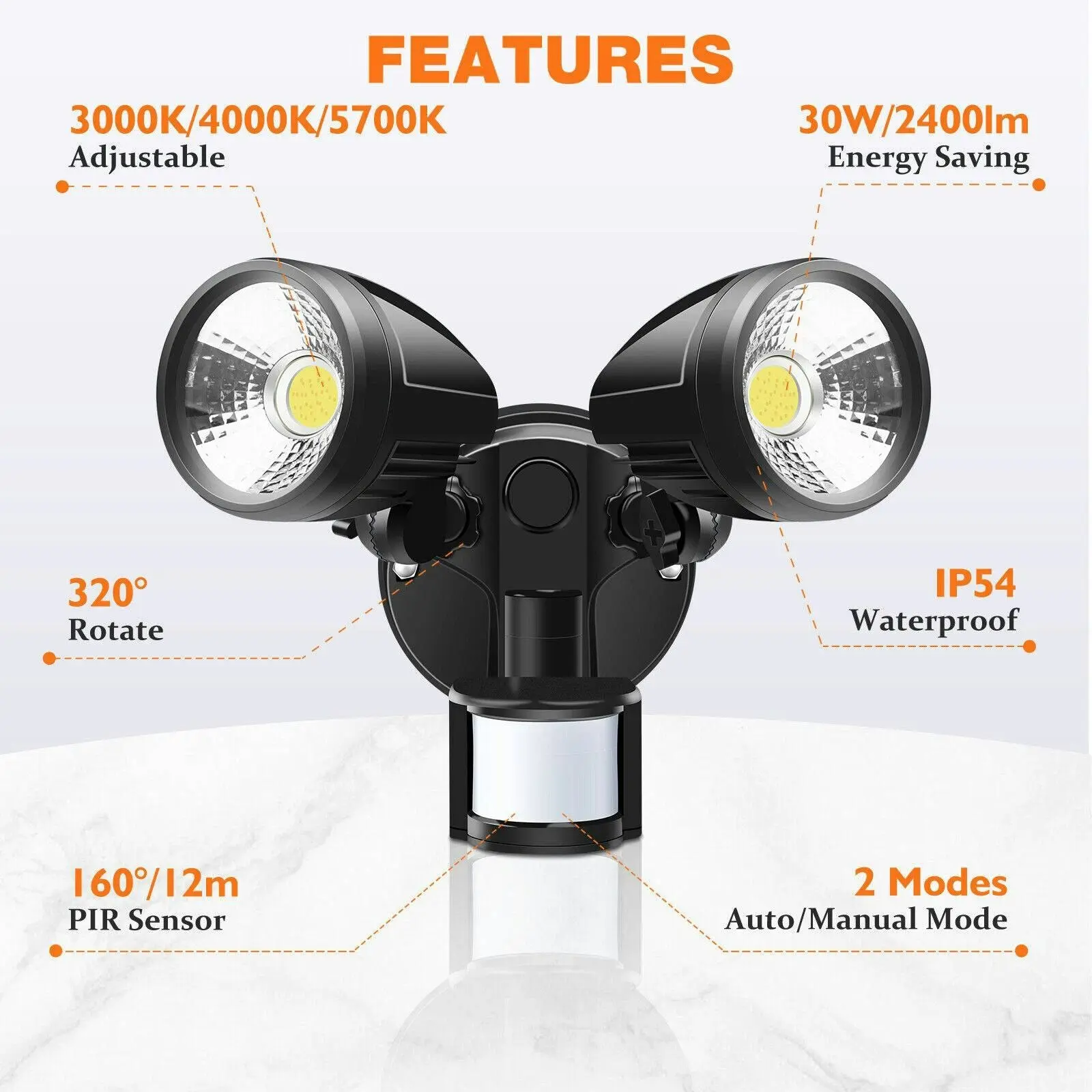 Sensor LED Premium Aluminium Outdoor Garage Security Flood Twin Spotlight IP44 | Black