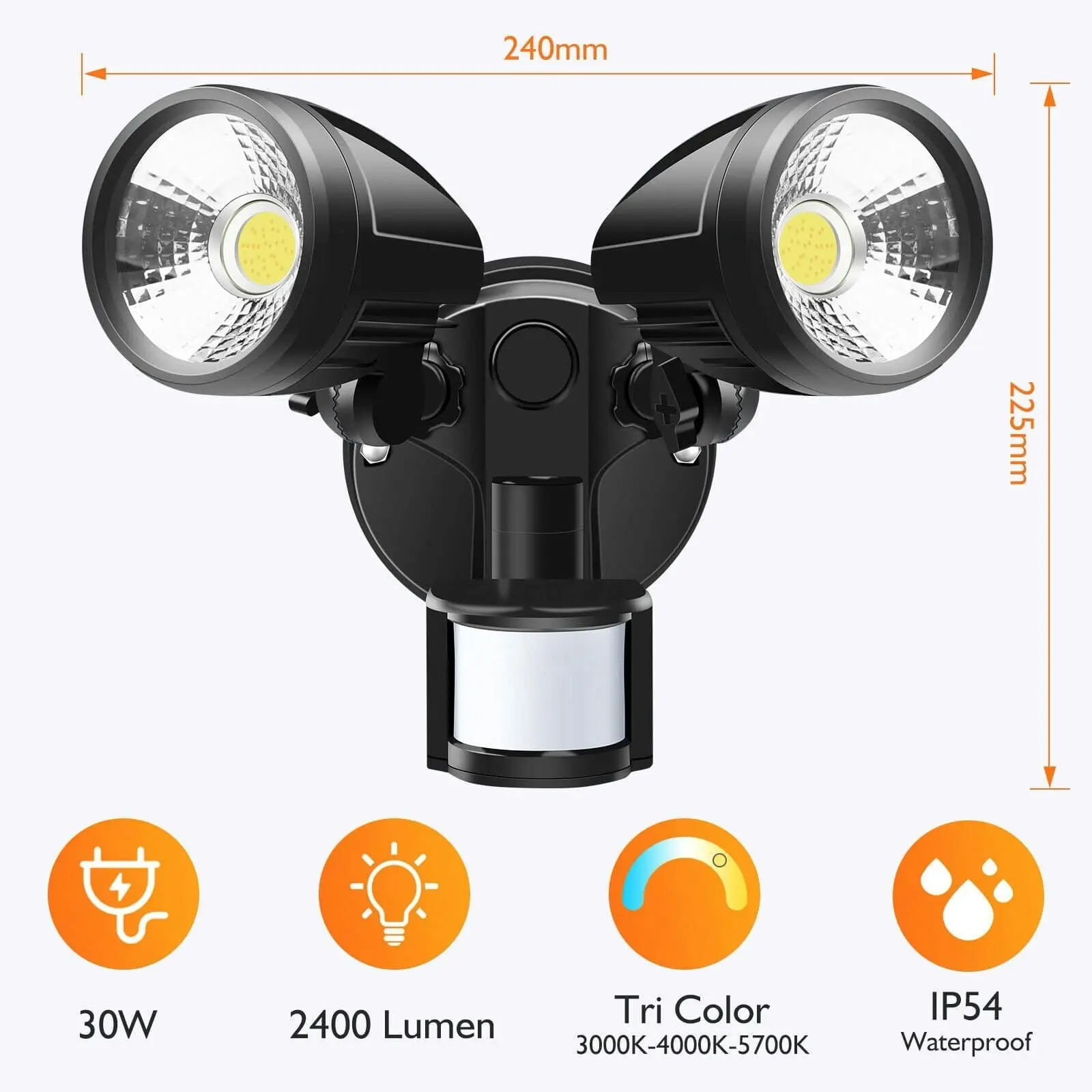 Sensor LED Premium Aluminium Outdoor Garage Security Flood Twin Spotlight IP44 | Black