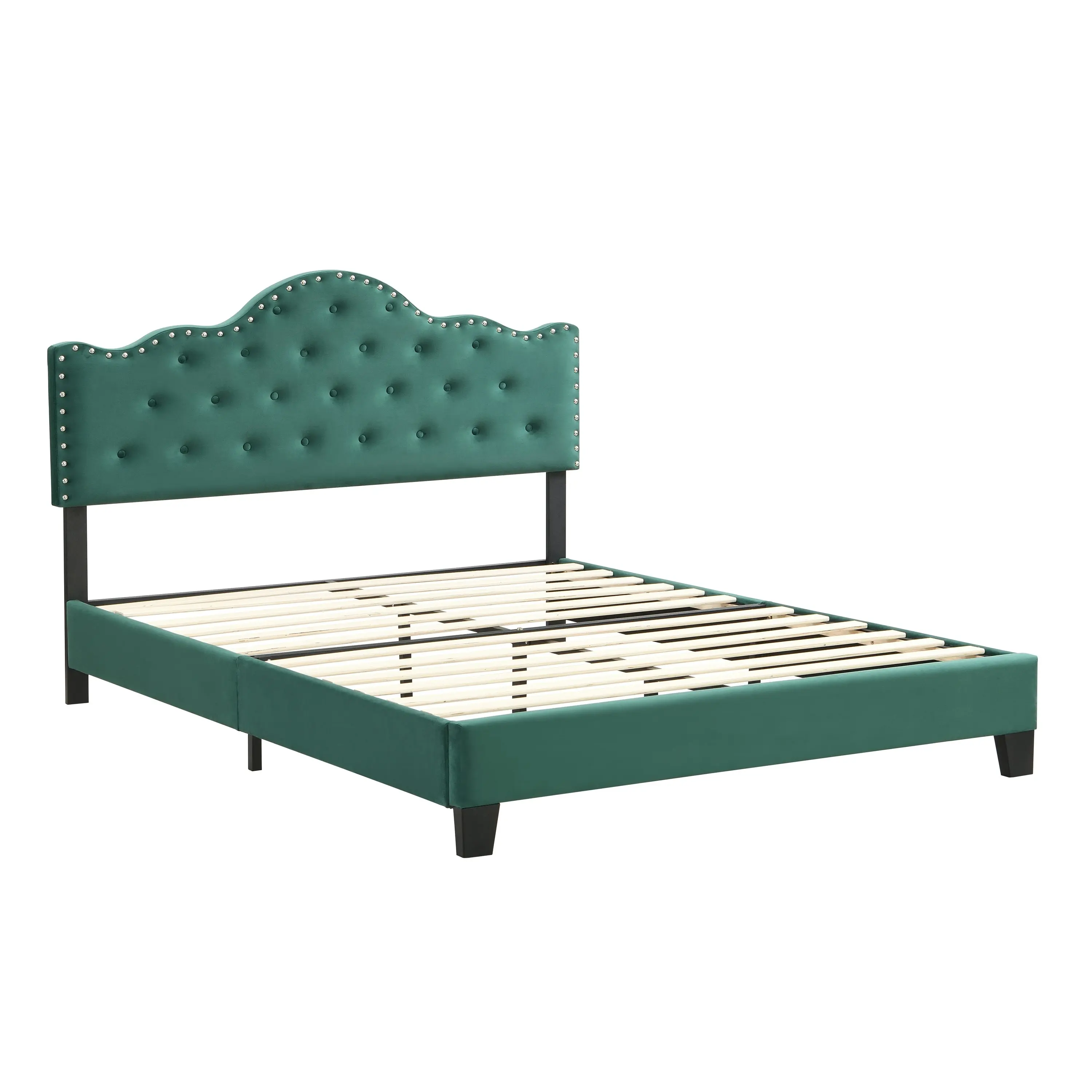 IHOMDEC Upholstered Velvet Button Tufted Crown Shape Queen Size Bed Frame Green BEF05