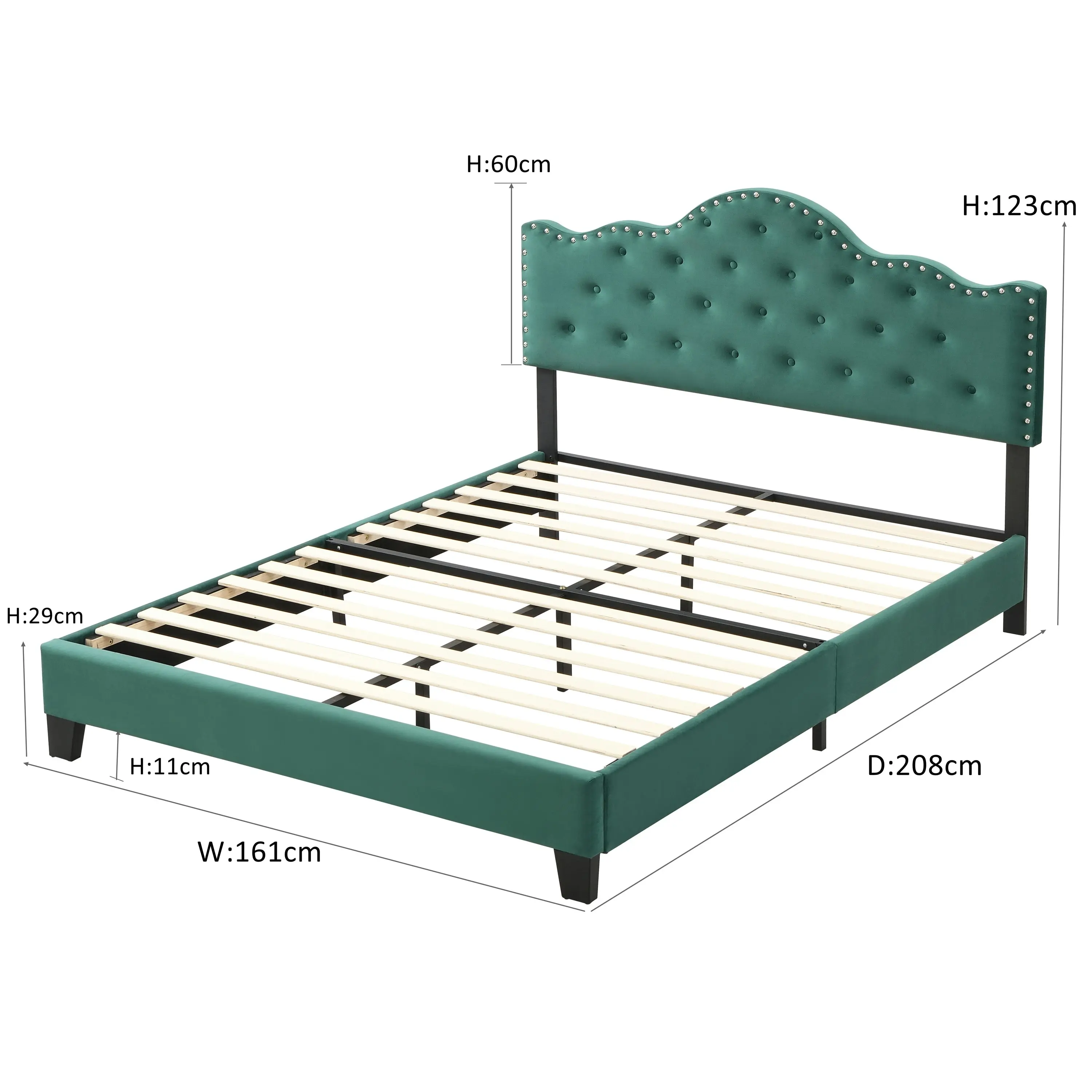 IHOMDEC Upholstered Velvet Button Tufted Crown Shape Queen Size Bed Frame Green BEF05