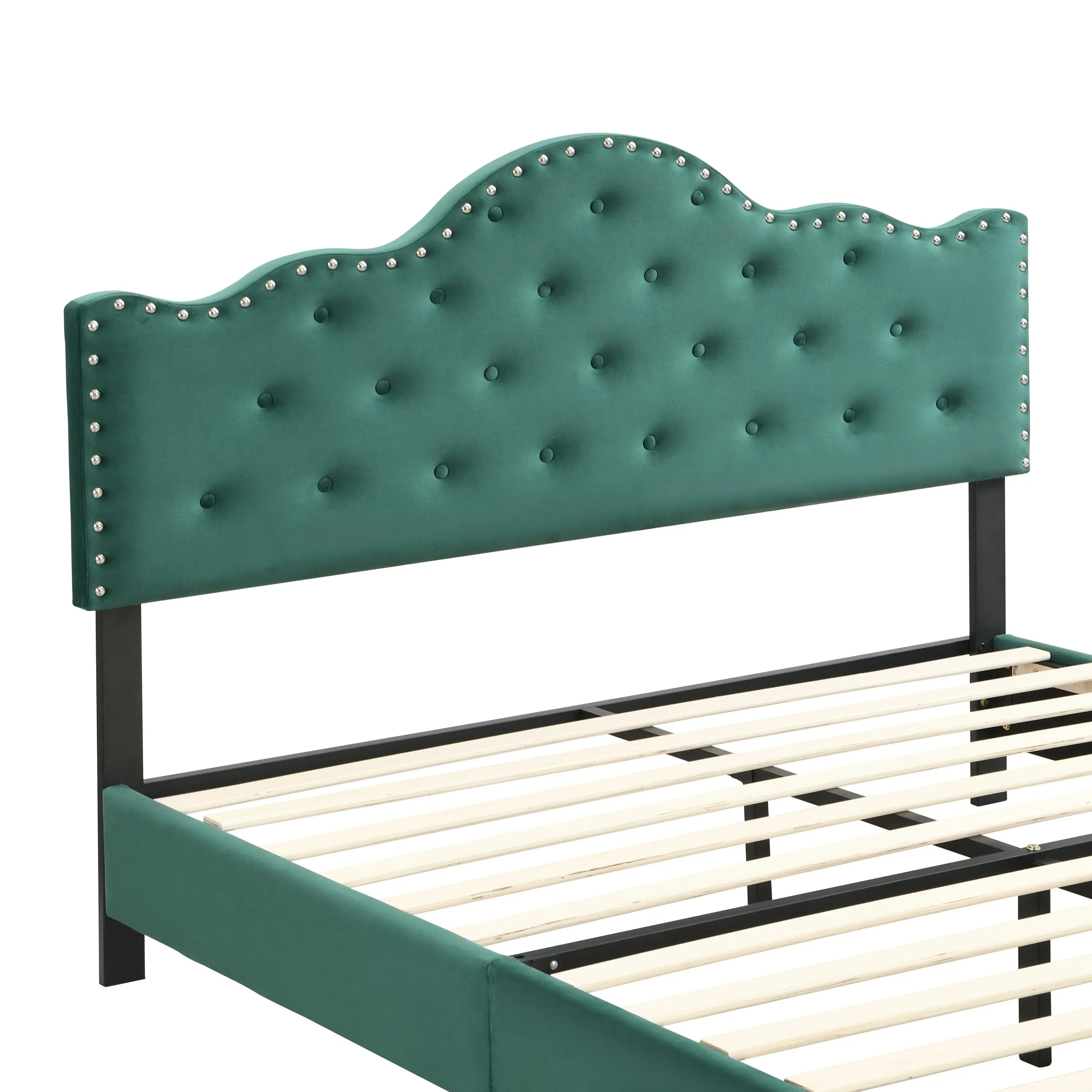 IHOMDEC Upholstered Velvet Button Tufted Crown Shape Queen Size Bed Frame Green BEF05