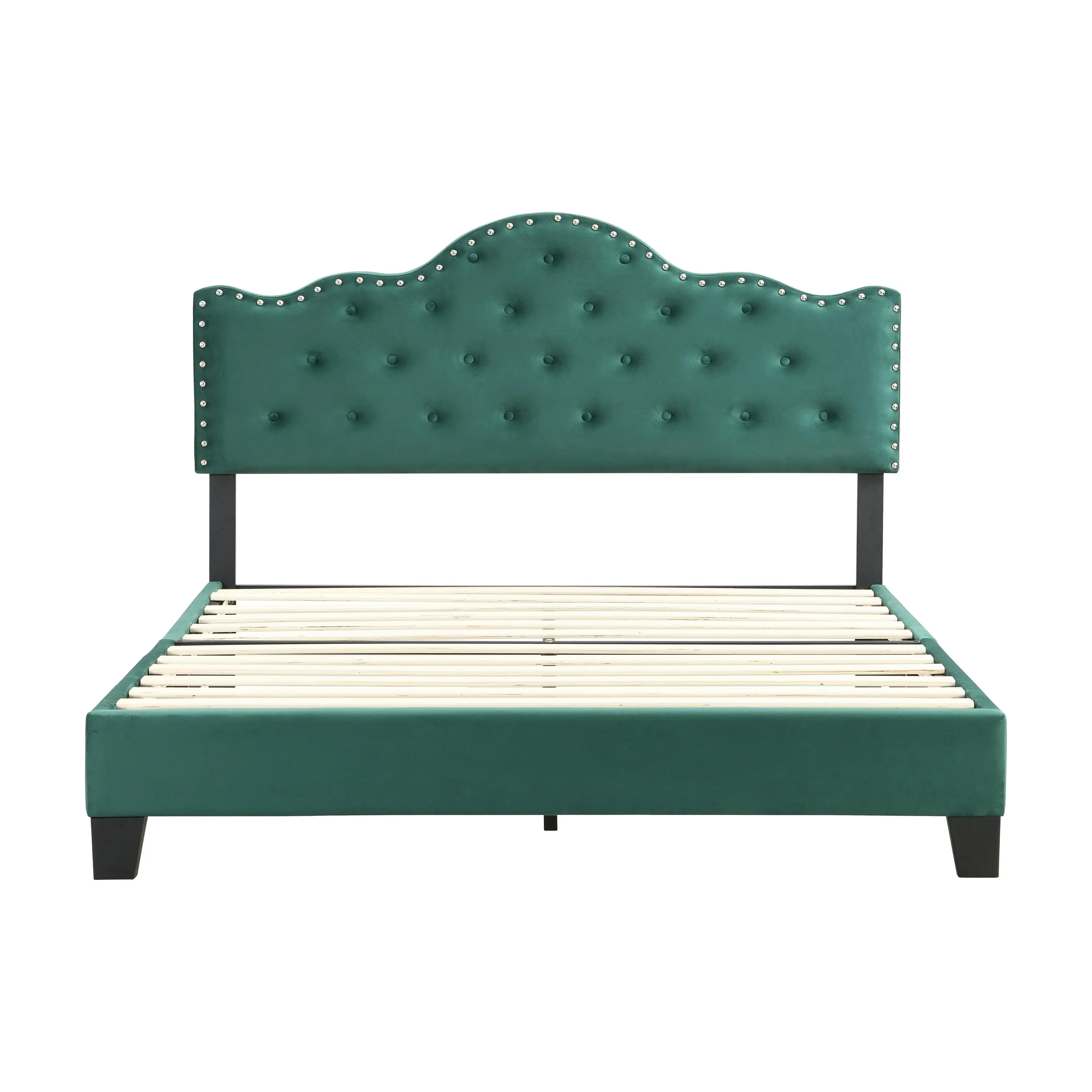 IHOMDEC Upholstered Velvet Button Tufted Crown Shape Queen Size Bed Frame Green BEF05