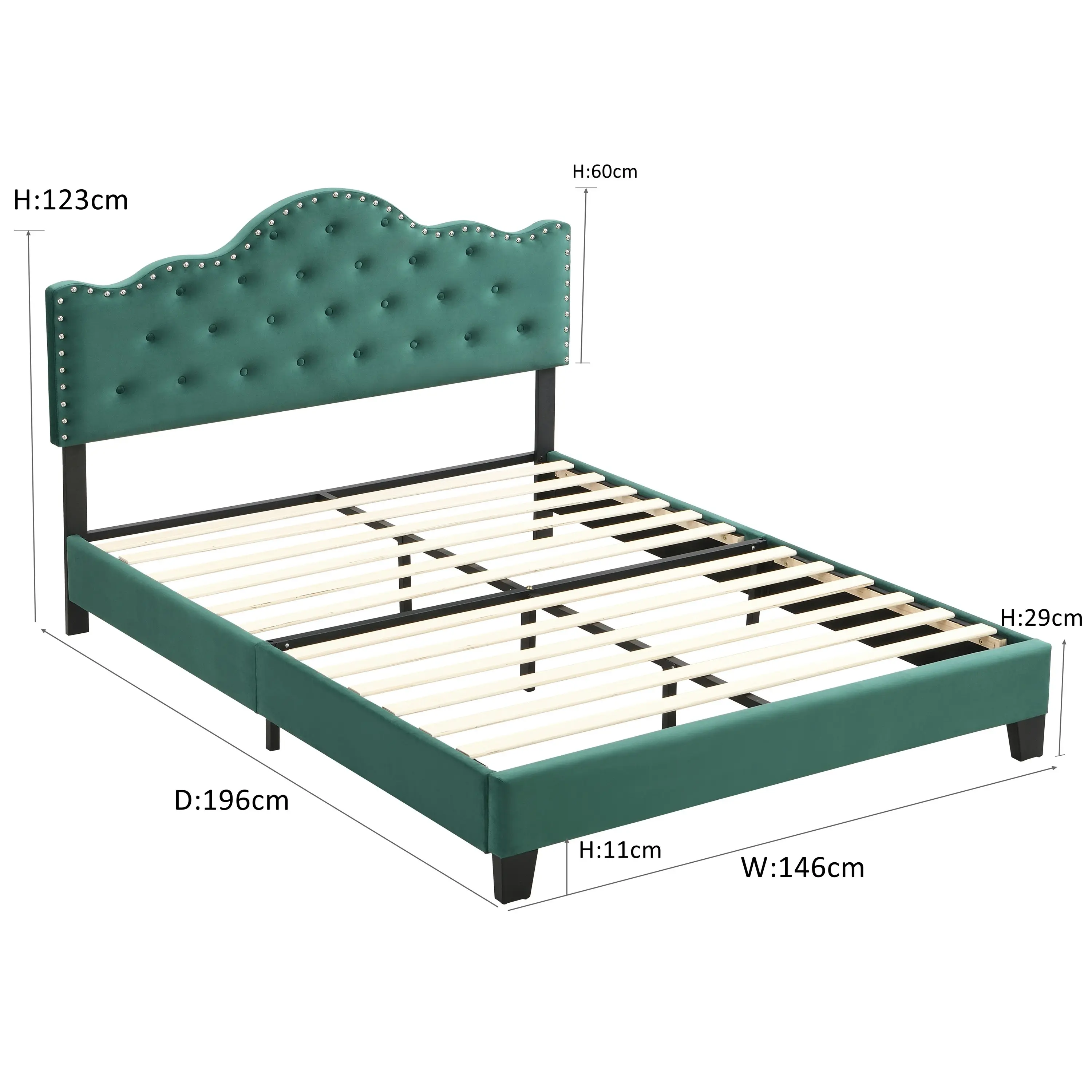 IHOMDEC Upholstered Velvet Button Tufted Crown Shape Double Size Bed Frame Green BEF05