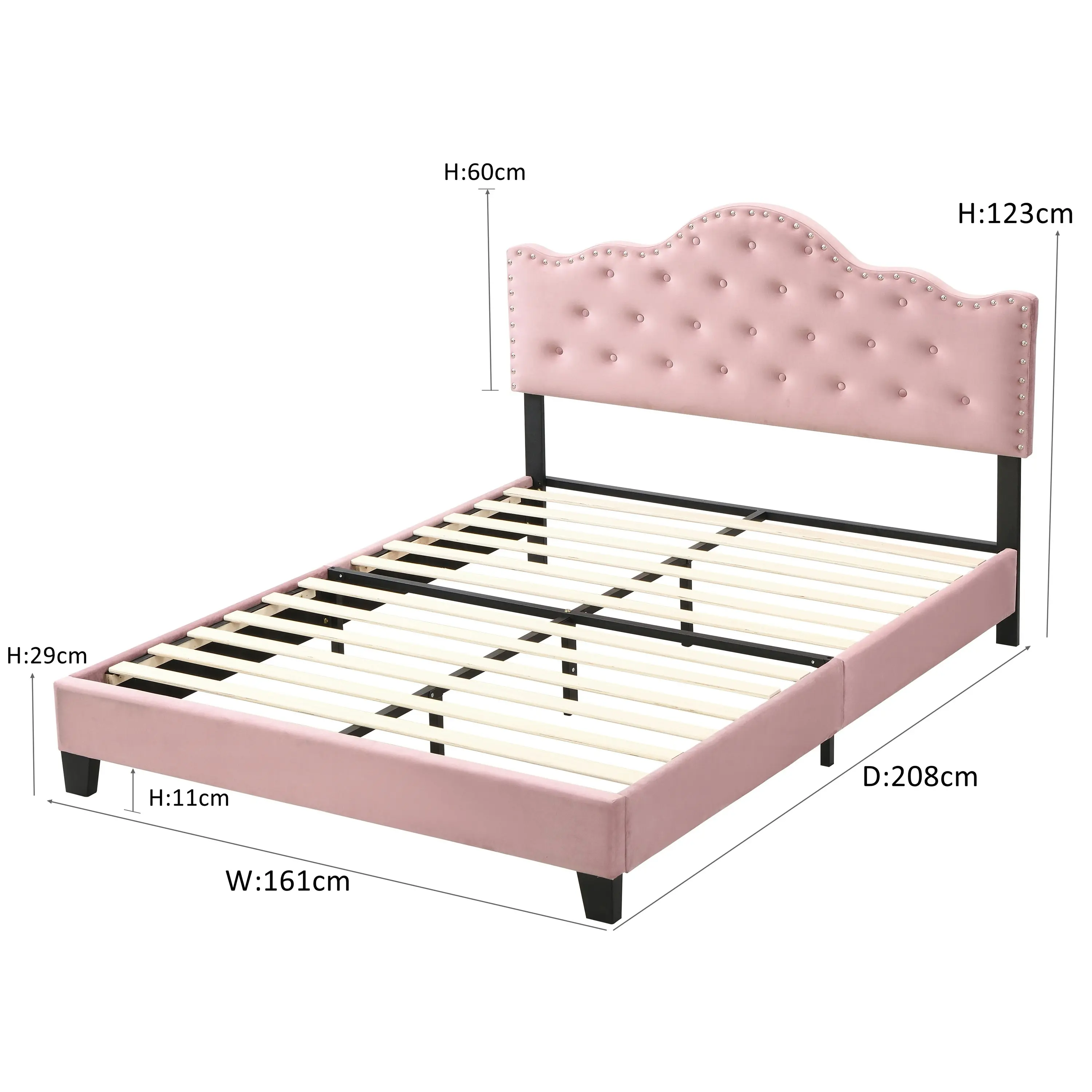 IHOMDEC Upholstered Velvet Button Tufted Crown Shape Queen Size Bed Frame Pink BEF05