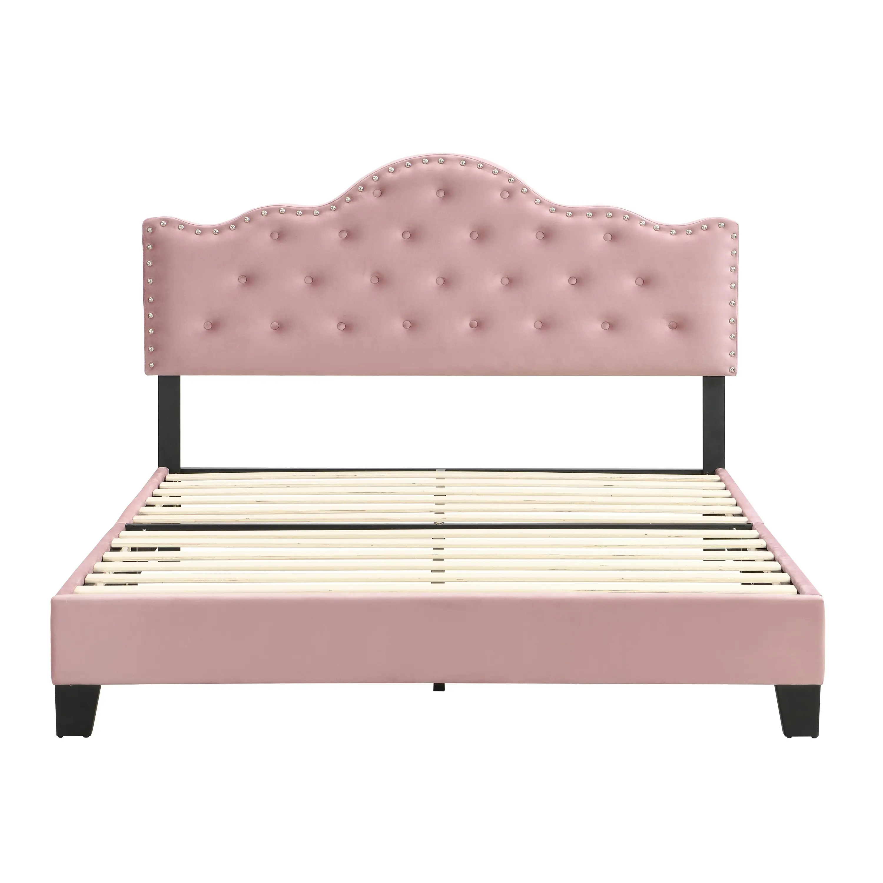 IHOMDEC Upholstered Velvet Button Tufted Crown Shape Queen Size Bed Frame Pink BEF05