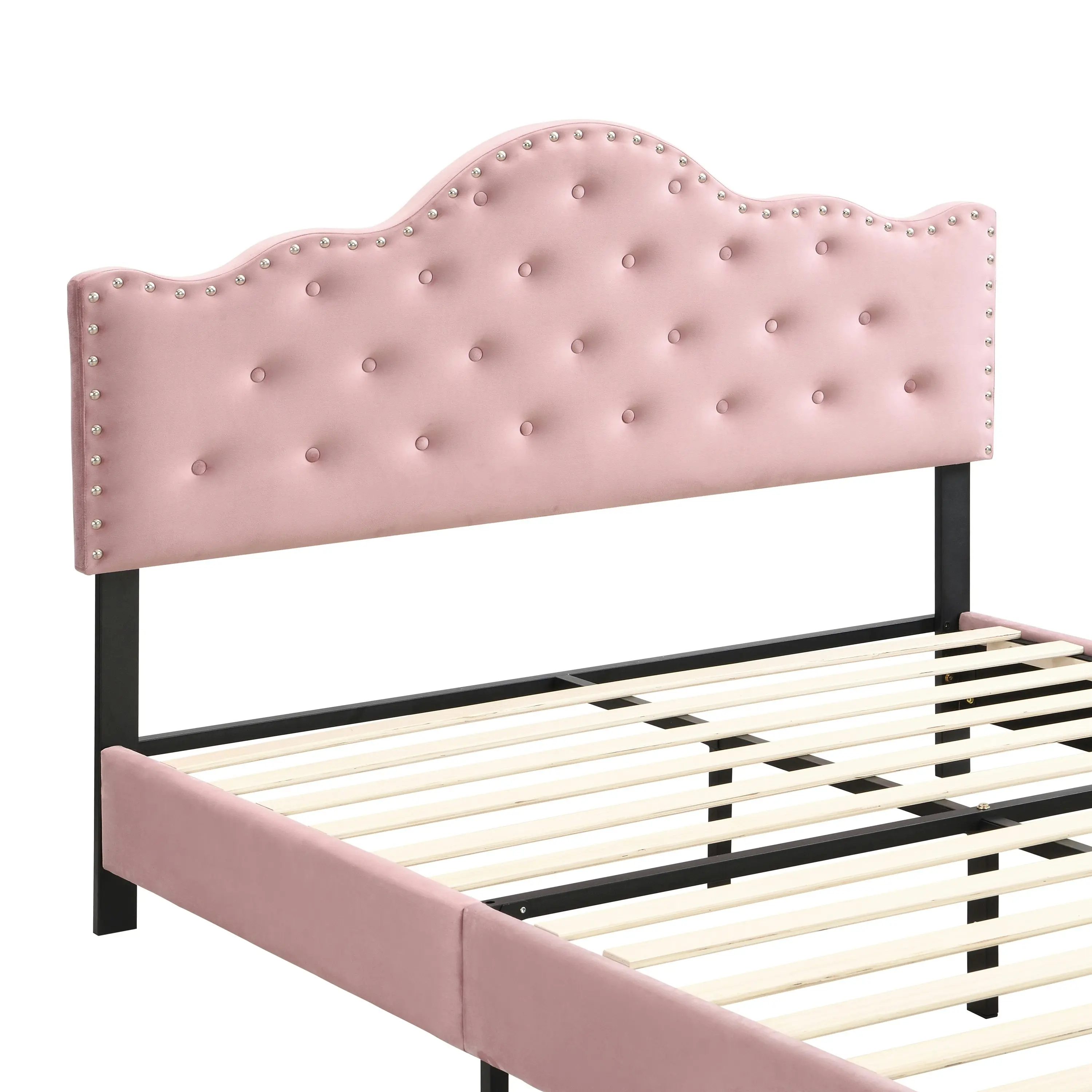 IHOMDEC Upholstered Velvet Button Tufted Crown Shape Queen Size Bed Frame Pink BEF05