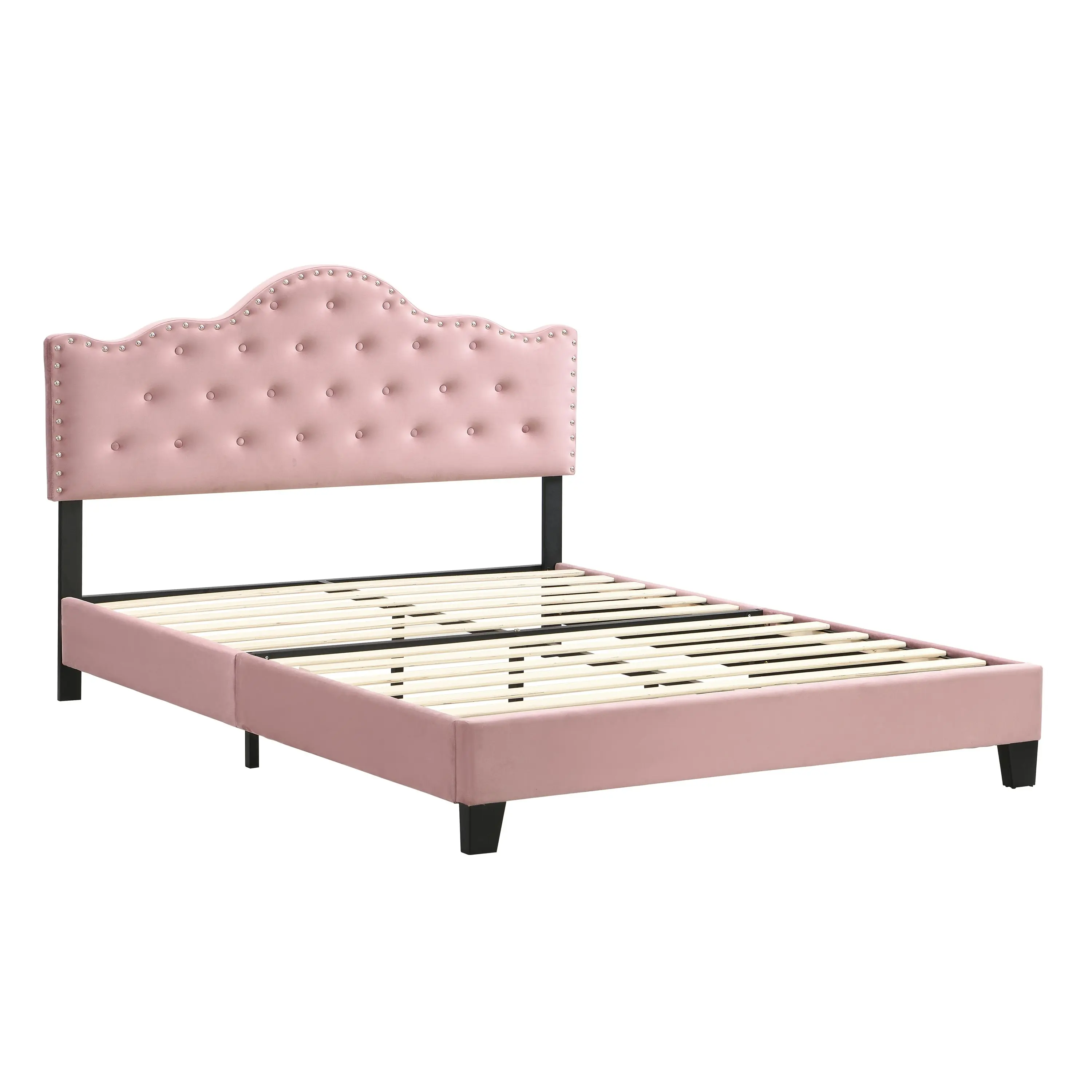 IHOMDEC Upholstered Velvet Button Tufted Crown Shape Queen Size Bed Frame Pink BEF05