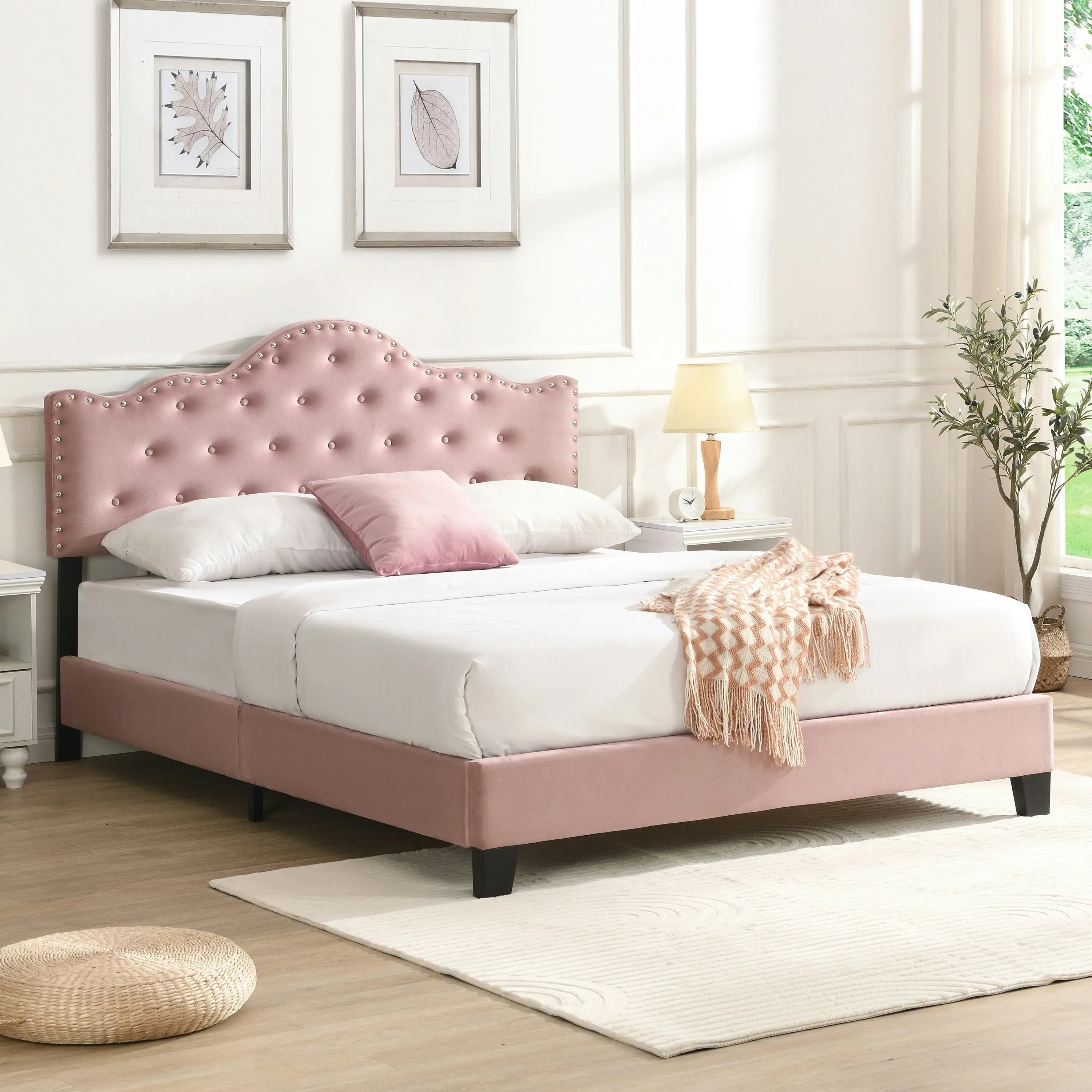 IHOMDEC Upholstered Velvet Button Tufted Crown Shape Queen Size Bed Frame Pink BEF05