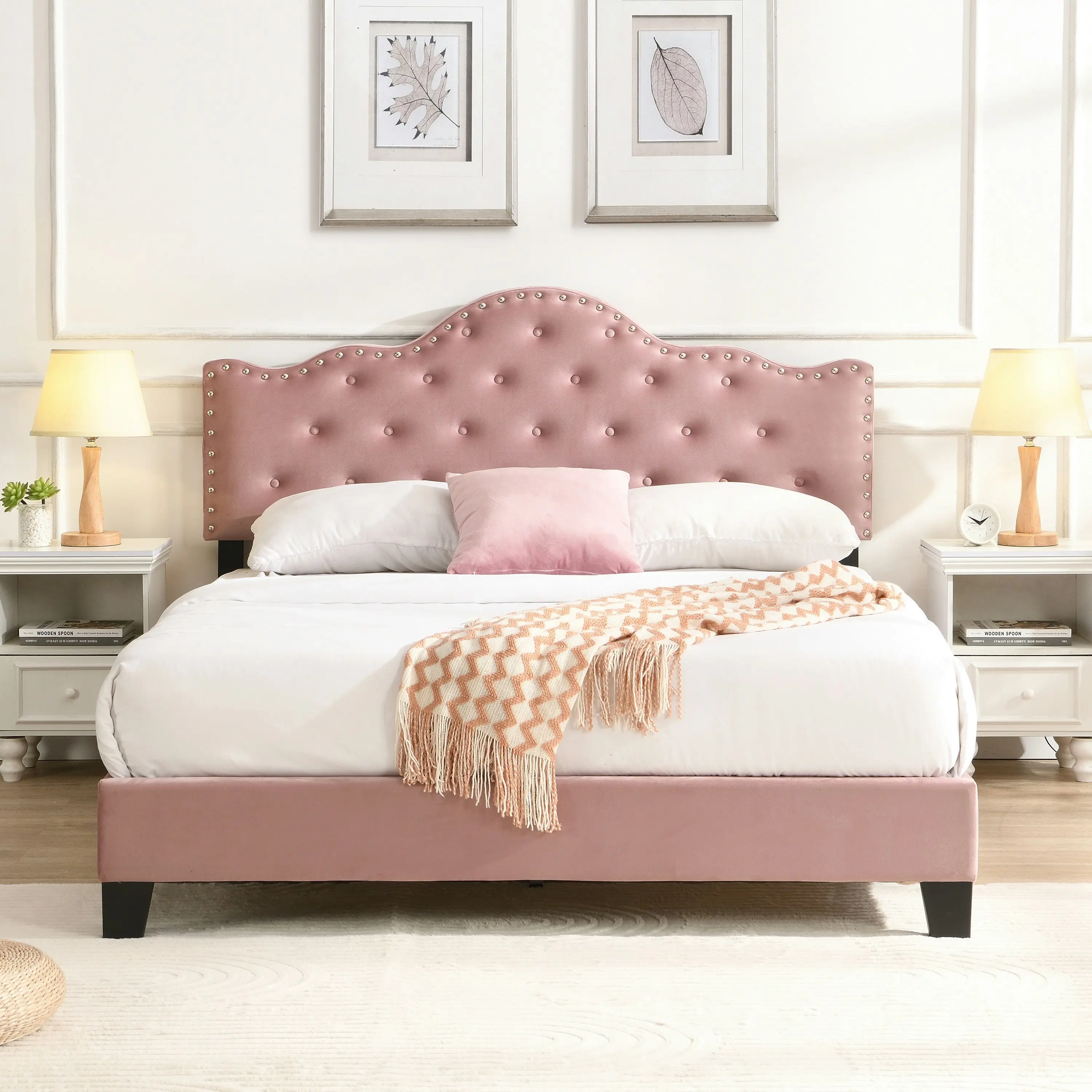 IHOMDEC Upholstered Velvet Button Tufted Crown Shape Double Size Bed Frame Pink BEF05