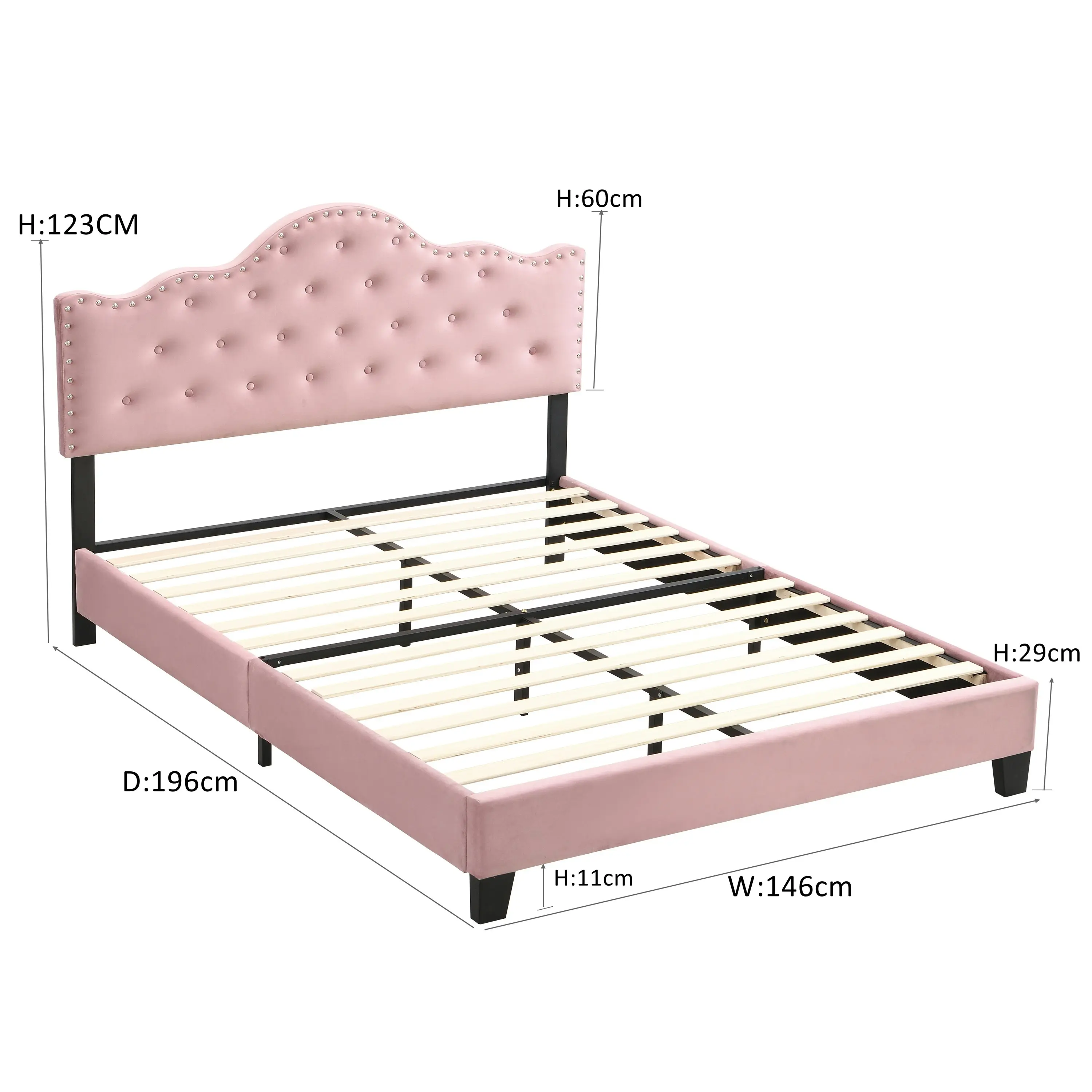 IHOMDEC Upholstered Velvet Button Tufted Crown Shape Double Size Bed Frame Pink BEF05