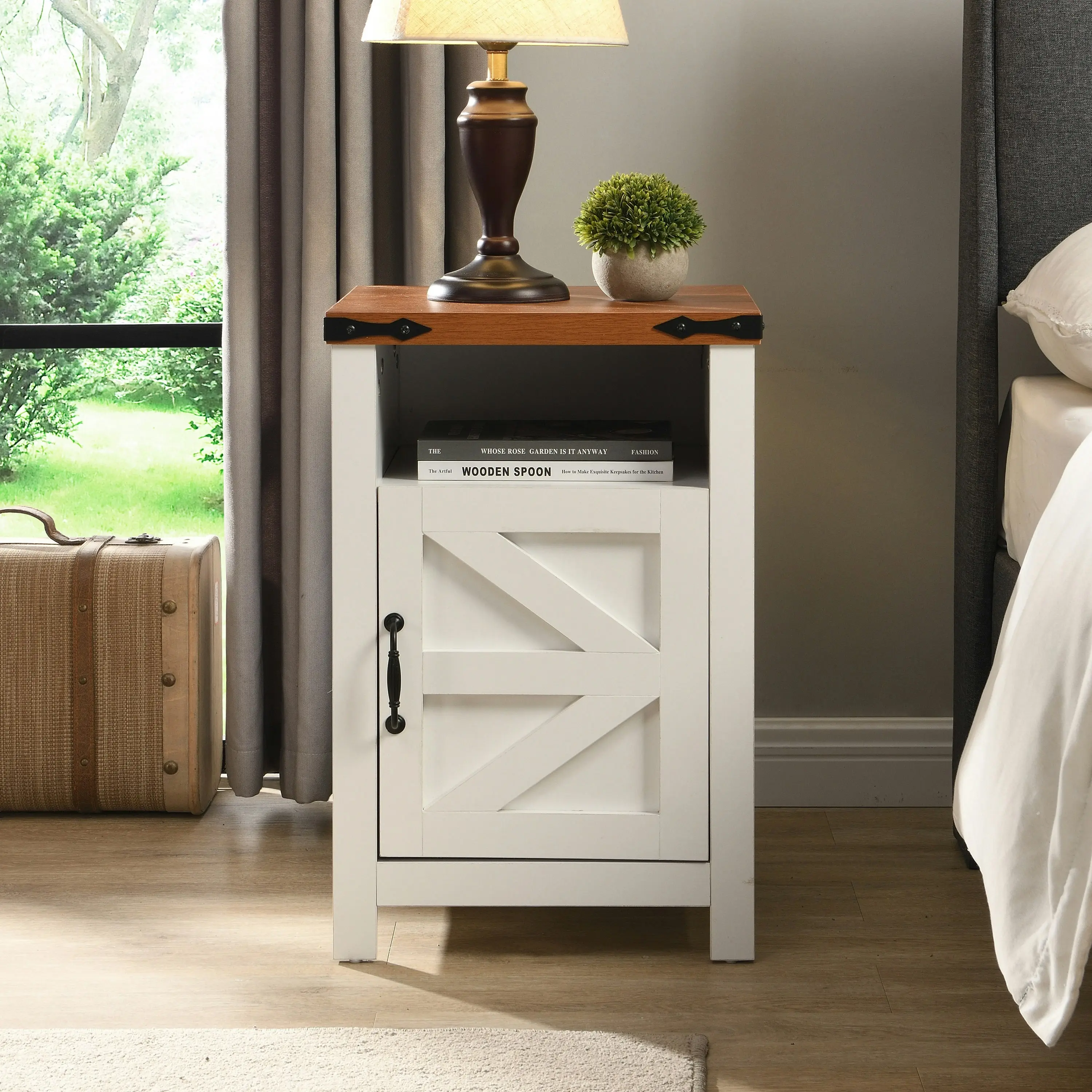 IHOMDEC Modern Wooden Nightstand 1 Cabinet and Open Storage Shelf White