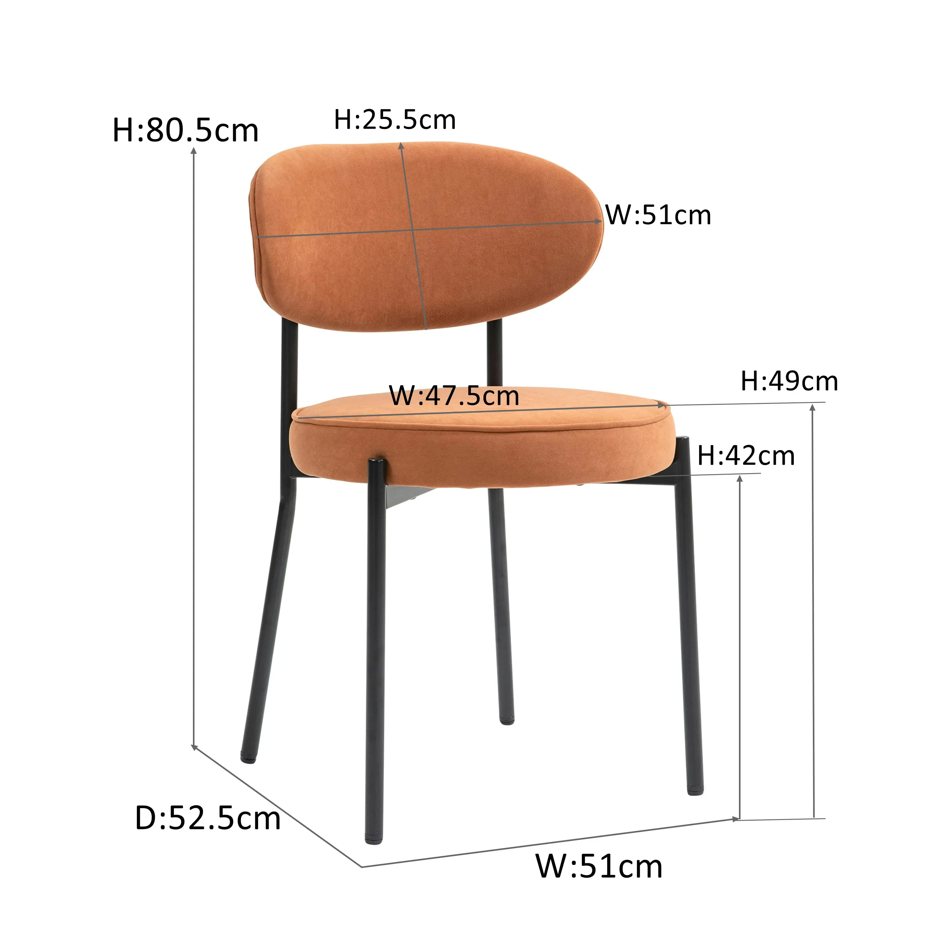 IHOMDEC Mid-Century Round Upholstered Dining Chair with Metal Frame and Legs Set of 2 Rust Orange