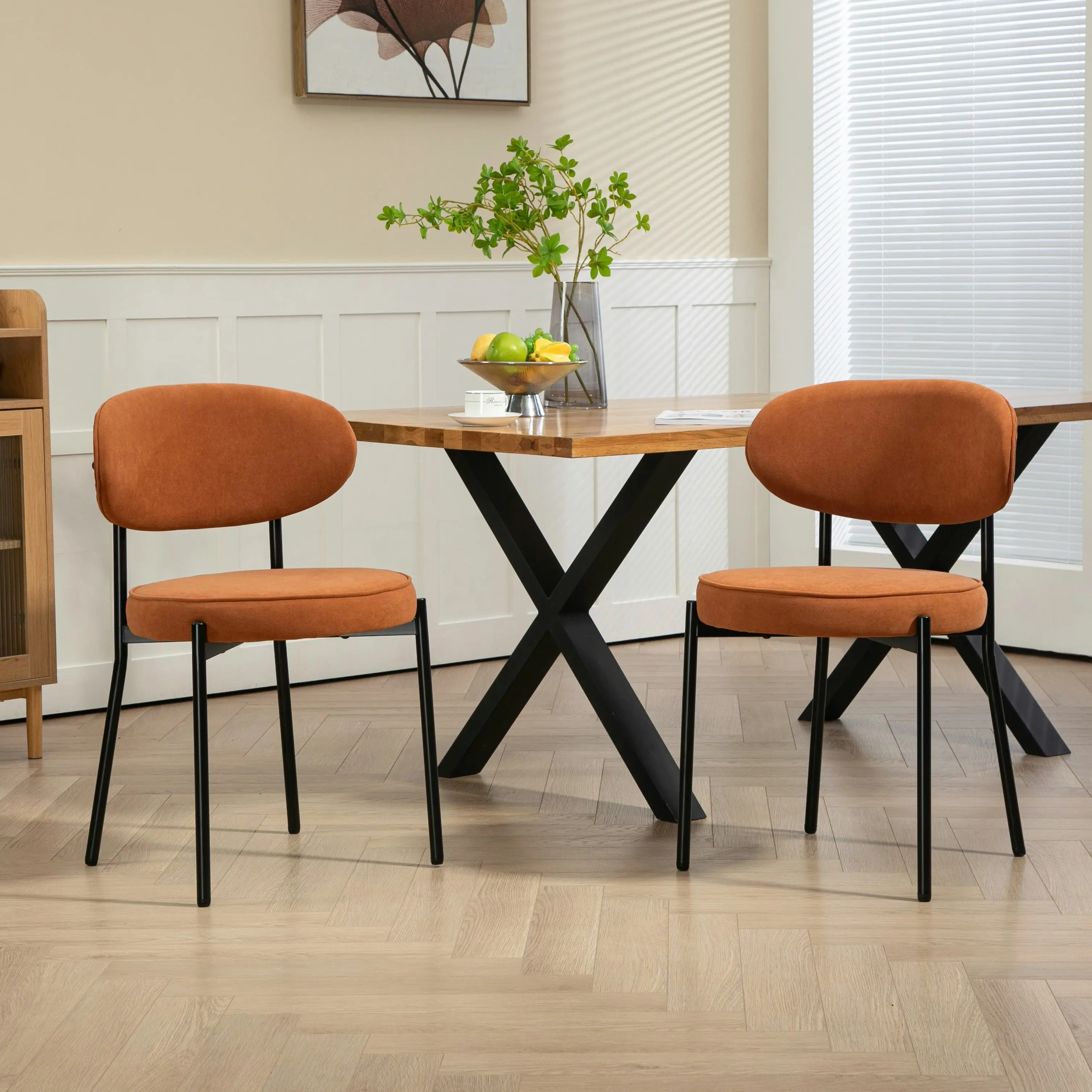 IHOMDEC Mid-Century Round Upholstered Dining Chair with Metal Frame and Legs Set of 2 Rust Orange