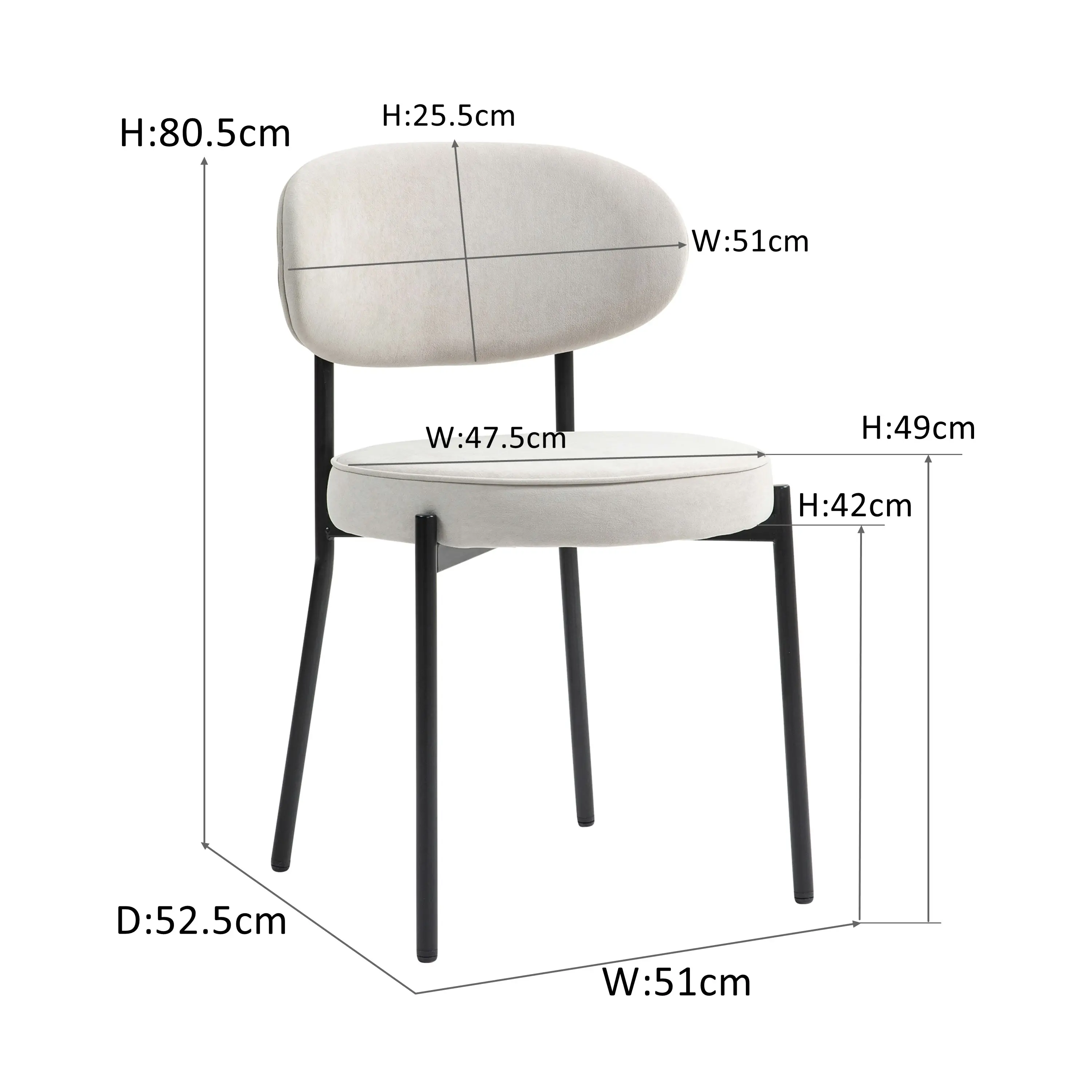 IHOMDEC Mid-Century Round Upholstered Dining Chair with Metal Frame and Legs Set of 2 Light Grey