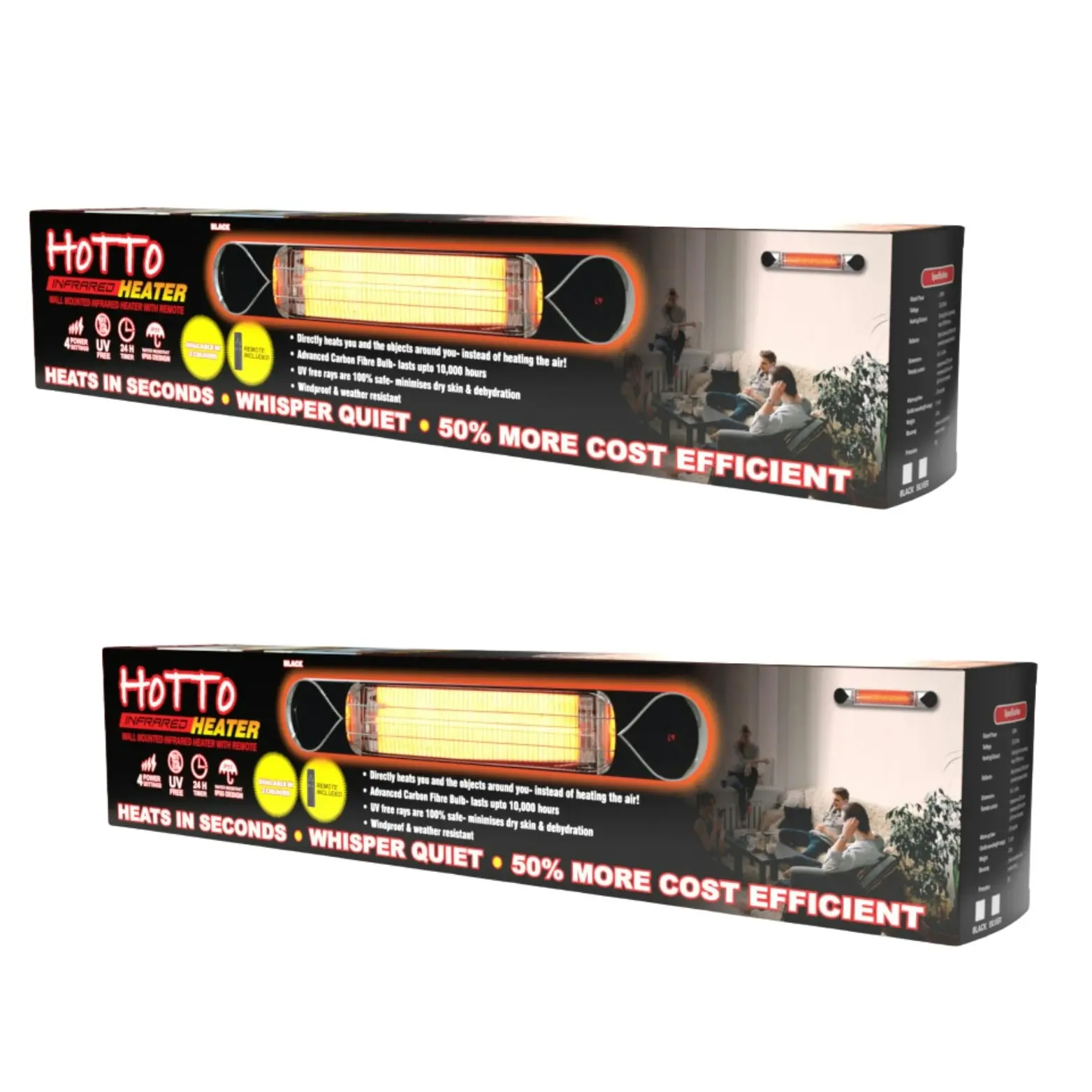 Hotto Wall Mounted Electric Infrared Heater 2000W with Remote - 2 x Heaters