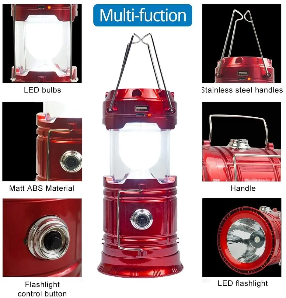 7 LED Camping Lantern Rechargeable Battery USB Output Hiking Torch 800lux - Red