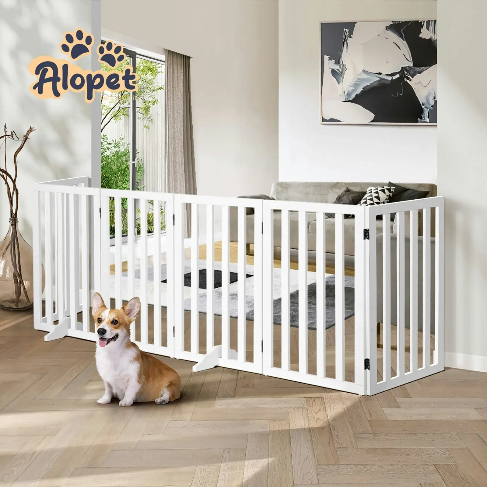 Alopet Wooden Pet Gate Dog Fence 284x80cm 6 Panels Safety Stair Barrier Security Door White