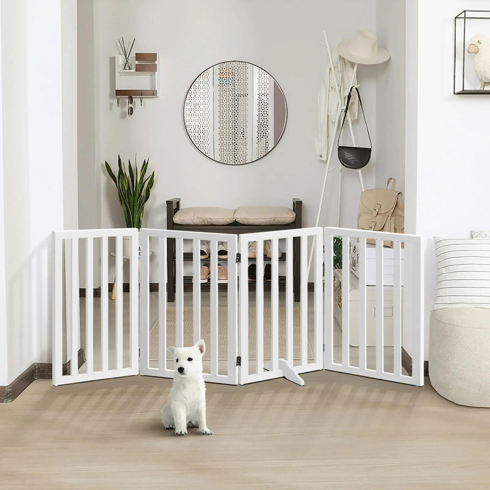 Alopet Wooden Pet Gate Dog Fence 189x80cm 4 Panels Safety Stair Barrier Security Door White