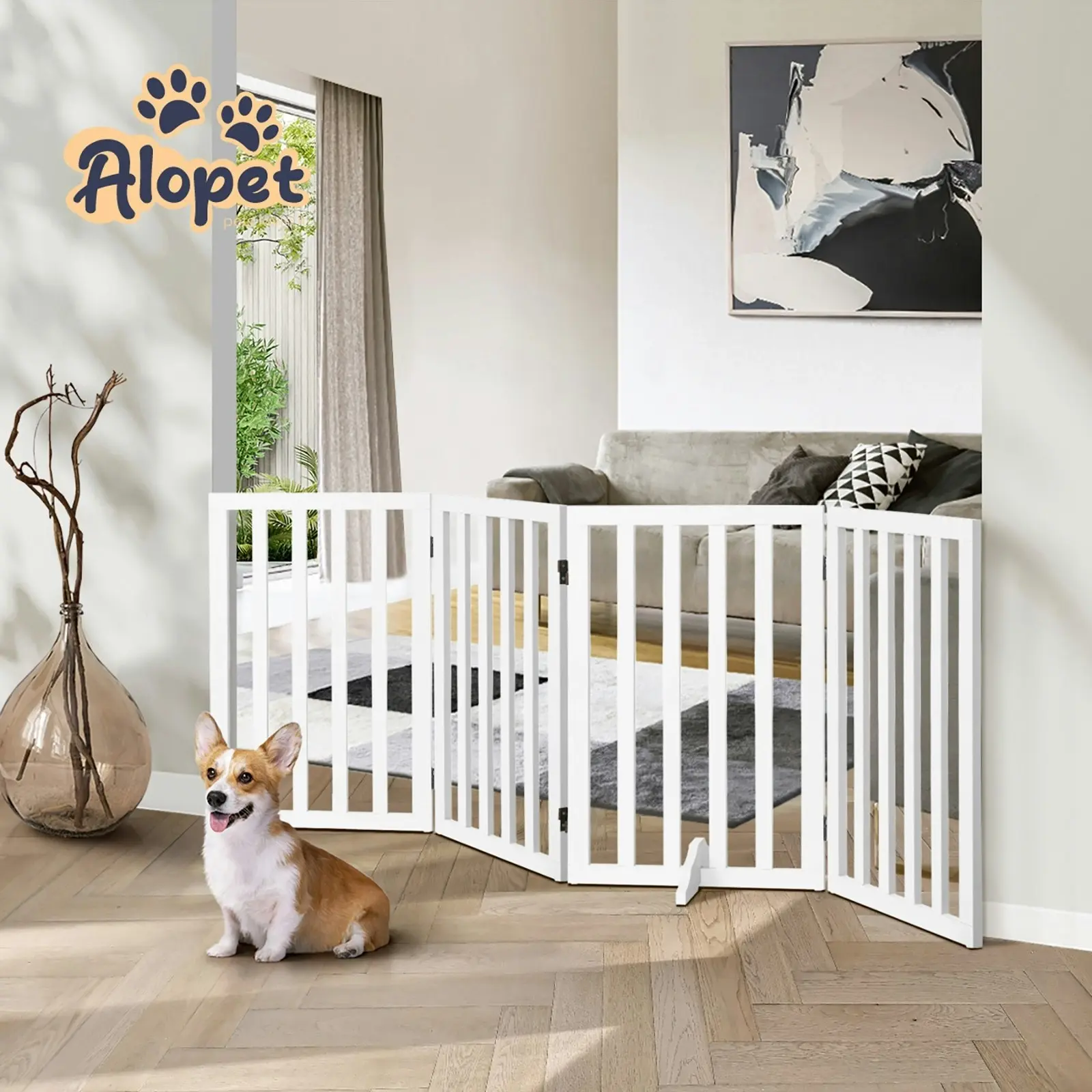 Alopet Wooden Pet Gate Dog Fence 189x80cm 4 Panels Safety Stair Barrier Security Door White