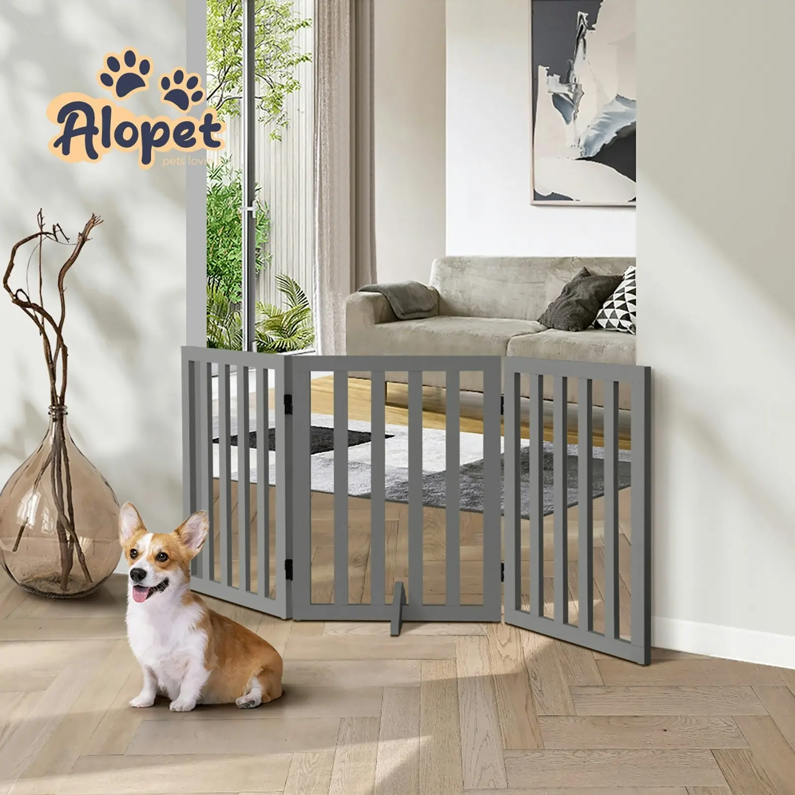 Alopet Wooden Pet Gate Dog Fence 142x60.5cm 3 Panels Safety Stair Barrier Security Door