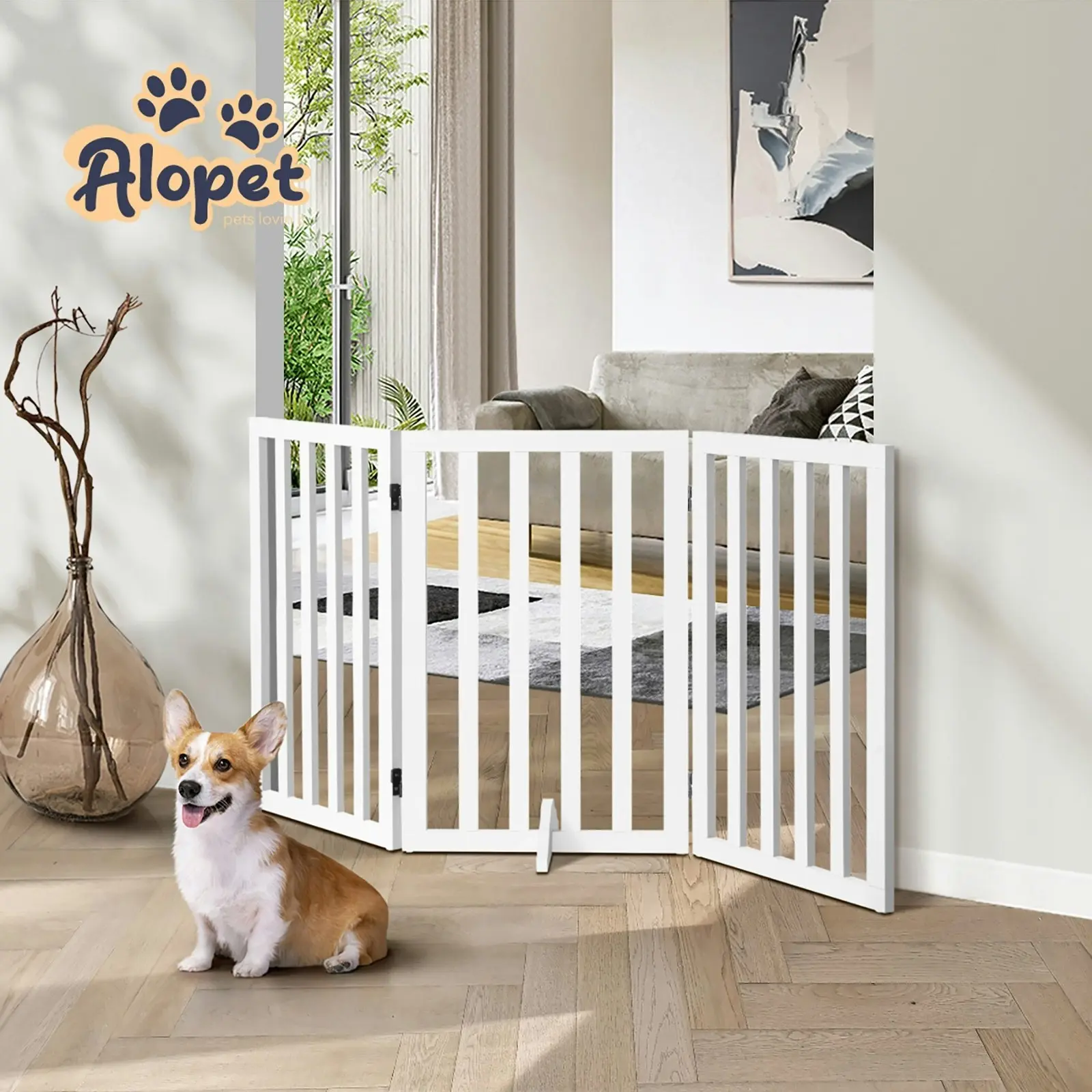 Alopet Wooden Pet Gate Dog Fence 142x80cm 3 Panels Safety Stair Barrier Security Door White