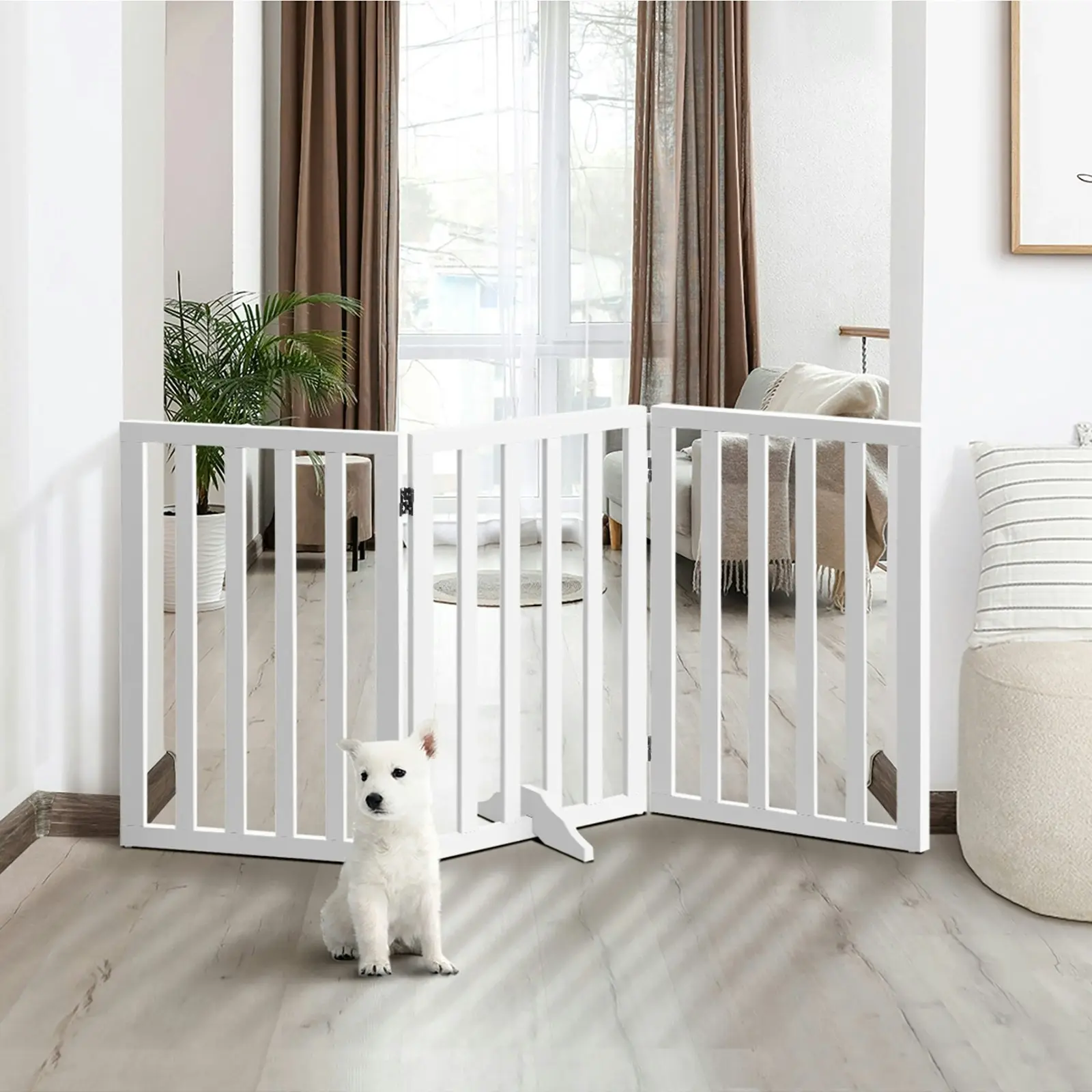 Alopet Wooden Pet Gate Dog Fence 142x80cm 3 Panels Safety Stair Barrier Security Door White