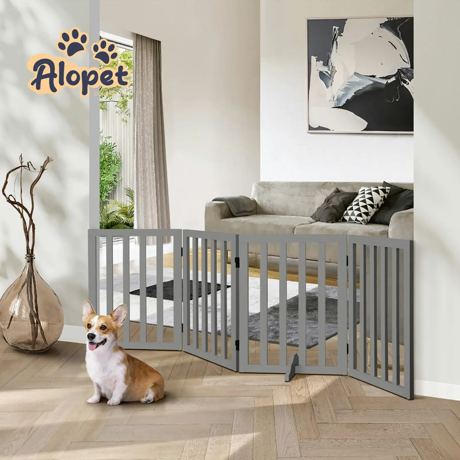 Alopet Wooden Pet Gate Dog Fence 189x60.5cm 4 Panels Safety Stair Barrier Security Door Grey