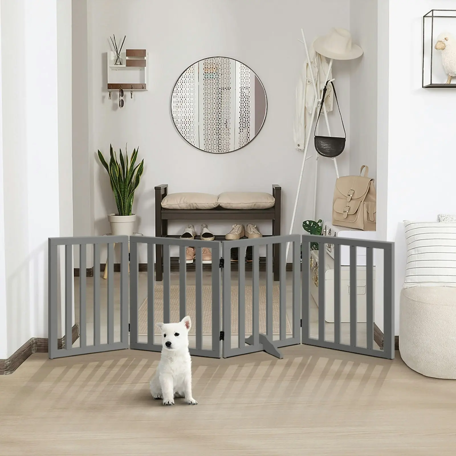 Alopet Wooden Pet Gate Dog Fence 189x60.5cm 4 Panels Safety Stair Barrier Security Door Grey