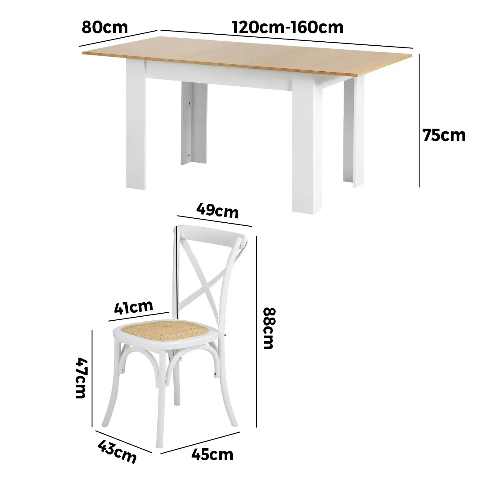 Oikiture 160cm Extendable Dining Table with 4PCS Dining Chairs Crossback White