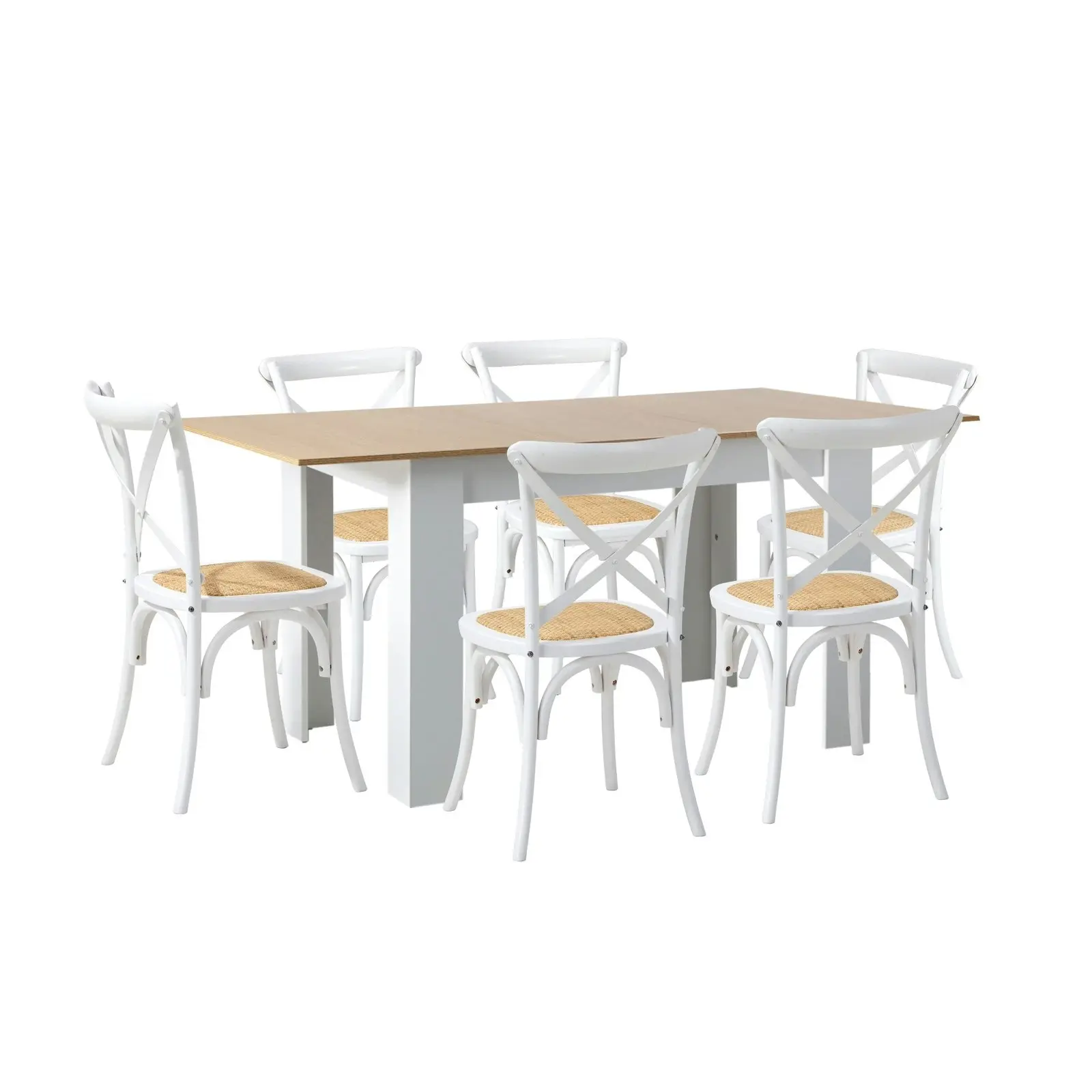 Oikiture 160cm Extendable Dining Table with 6PCS Dining Chairs Crossback White