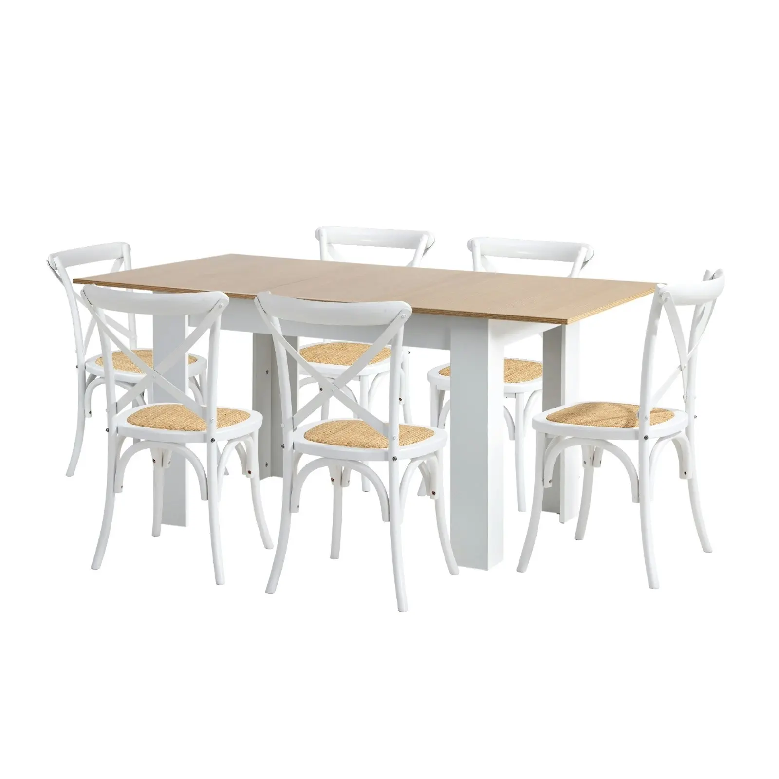 Oikiture 160cm Extendable Dining Table with 6PCS Dining Chairs Crossback White