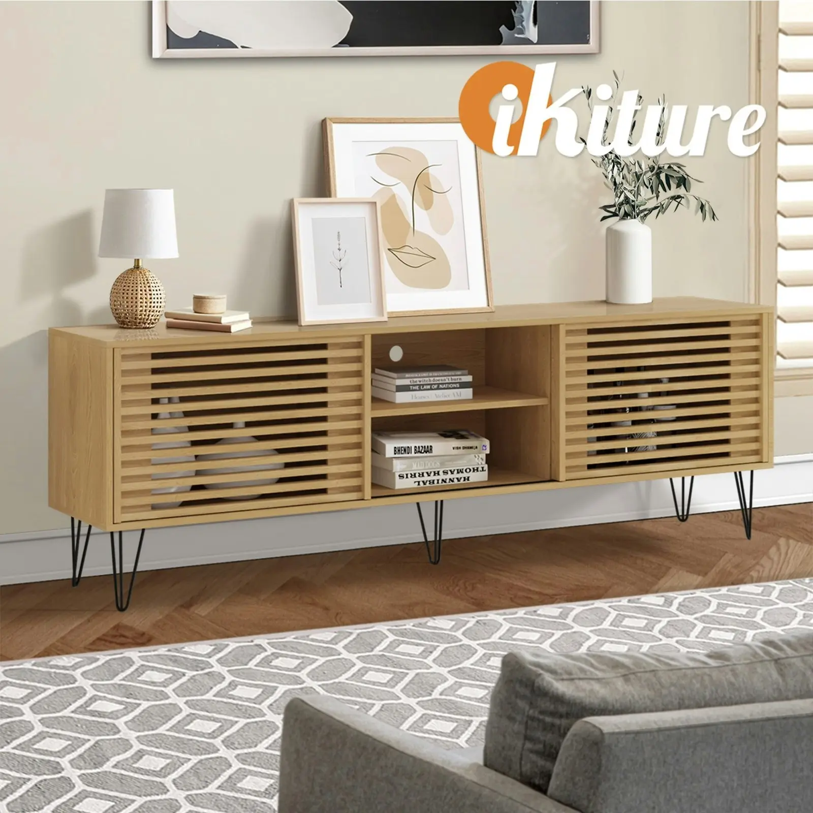 Oikiture TV Cabinet Entertainment Unit Stand Storage 180CM Oak