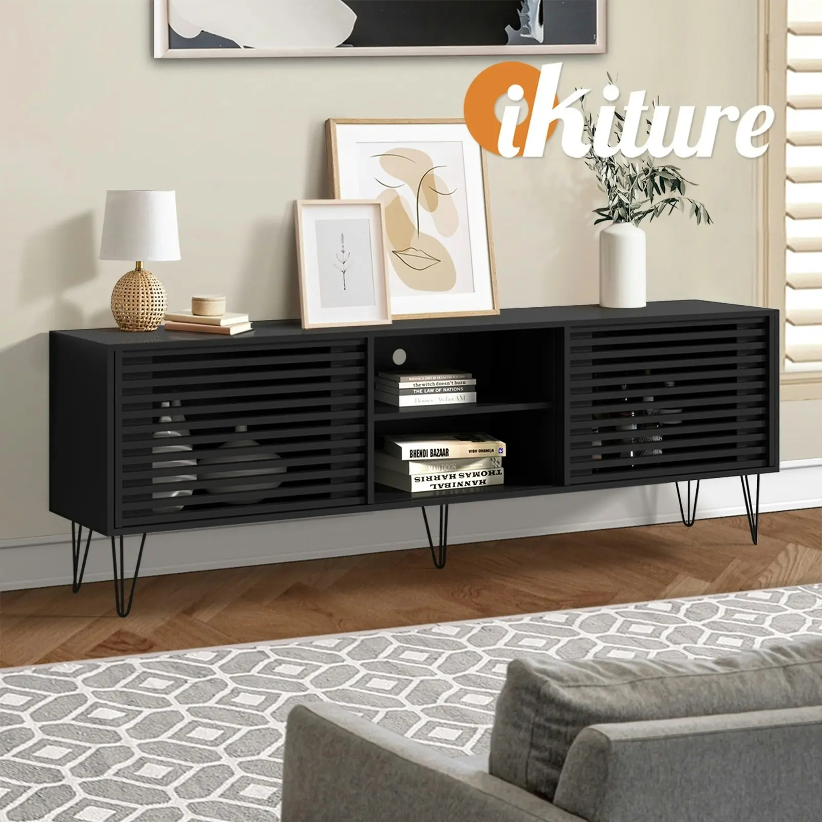 Oikiture TV Cabinet Entertainment Unit Stand Storage 180CM Black