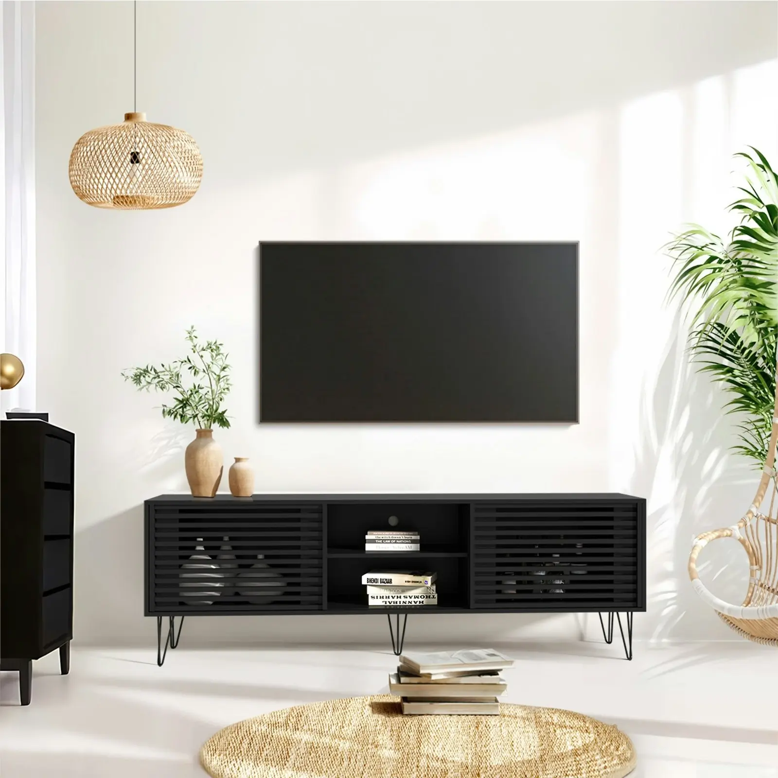 Oikiture TV Cabinet Entertainment Unit Stand Storage 180CM Black