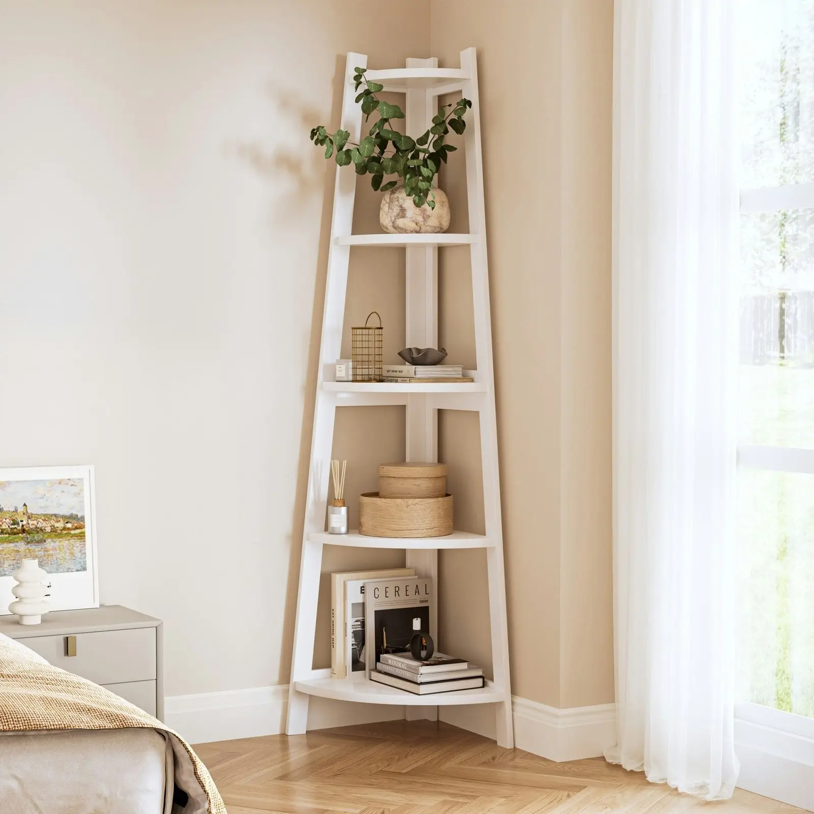 Oikiture Corner Ladder Shelf 5 Tier Home Storage Display Stand Bookshelf White