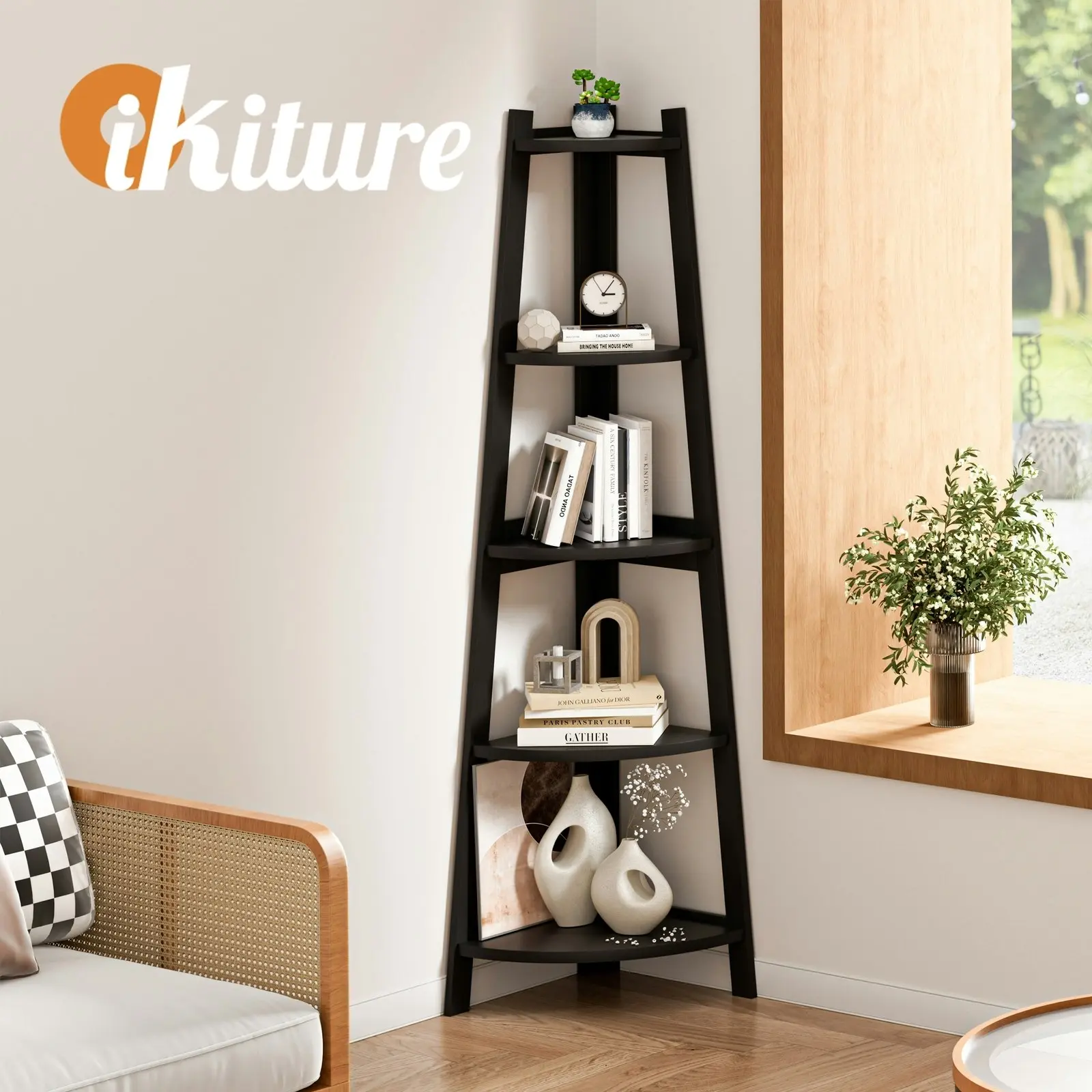 Oikiture Corner Ladder Shelf 5 Tier Home Storage Display Stand Bookshelf Black