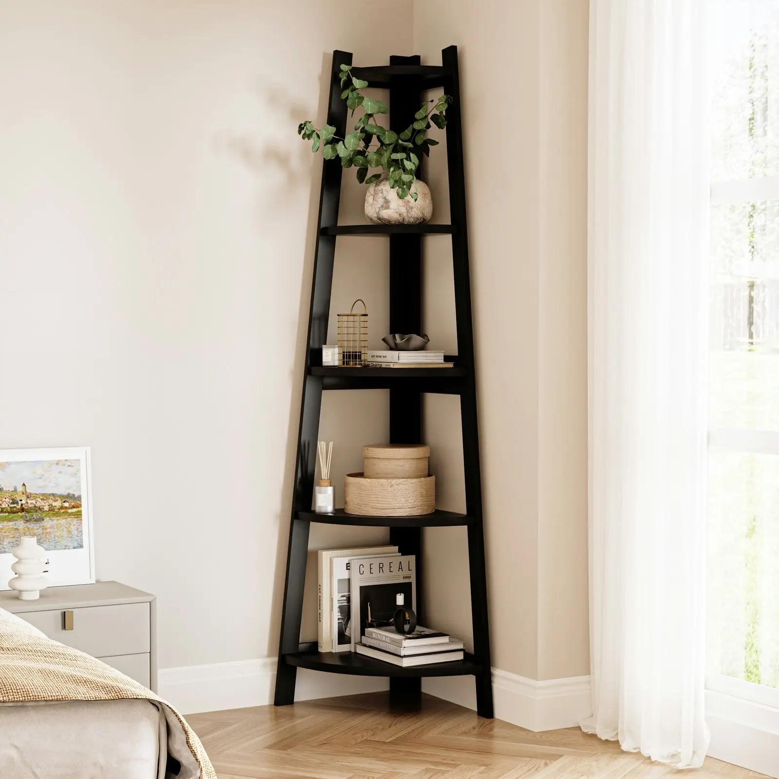 Oikiture Corner Ladder Shelf 5 Tier Home Storage Display Stand Bookshelf Black