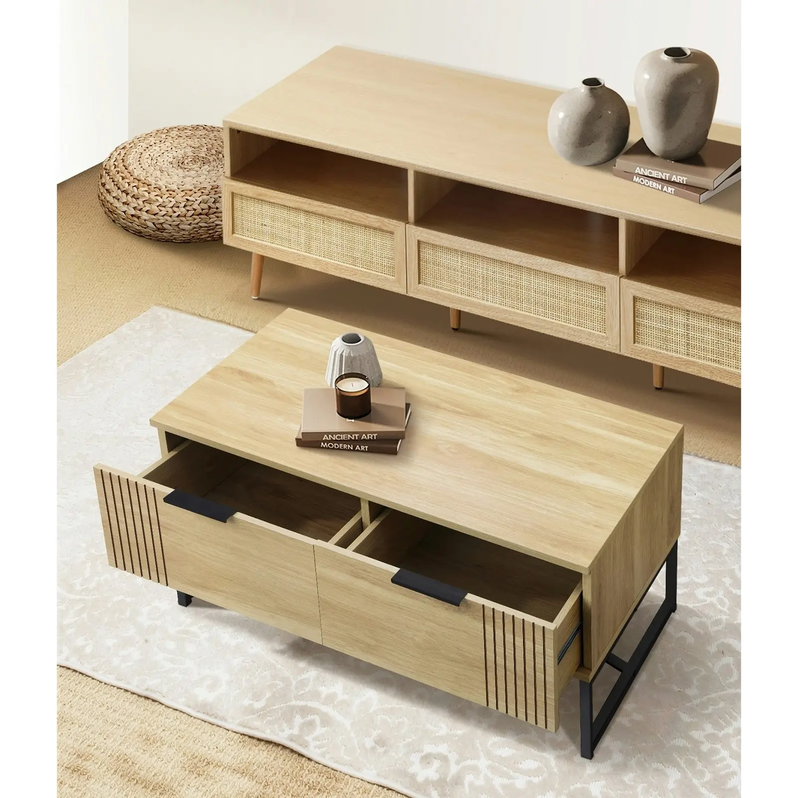 Oikiture Coffee Table With Storage Drawers Natural