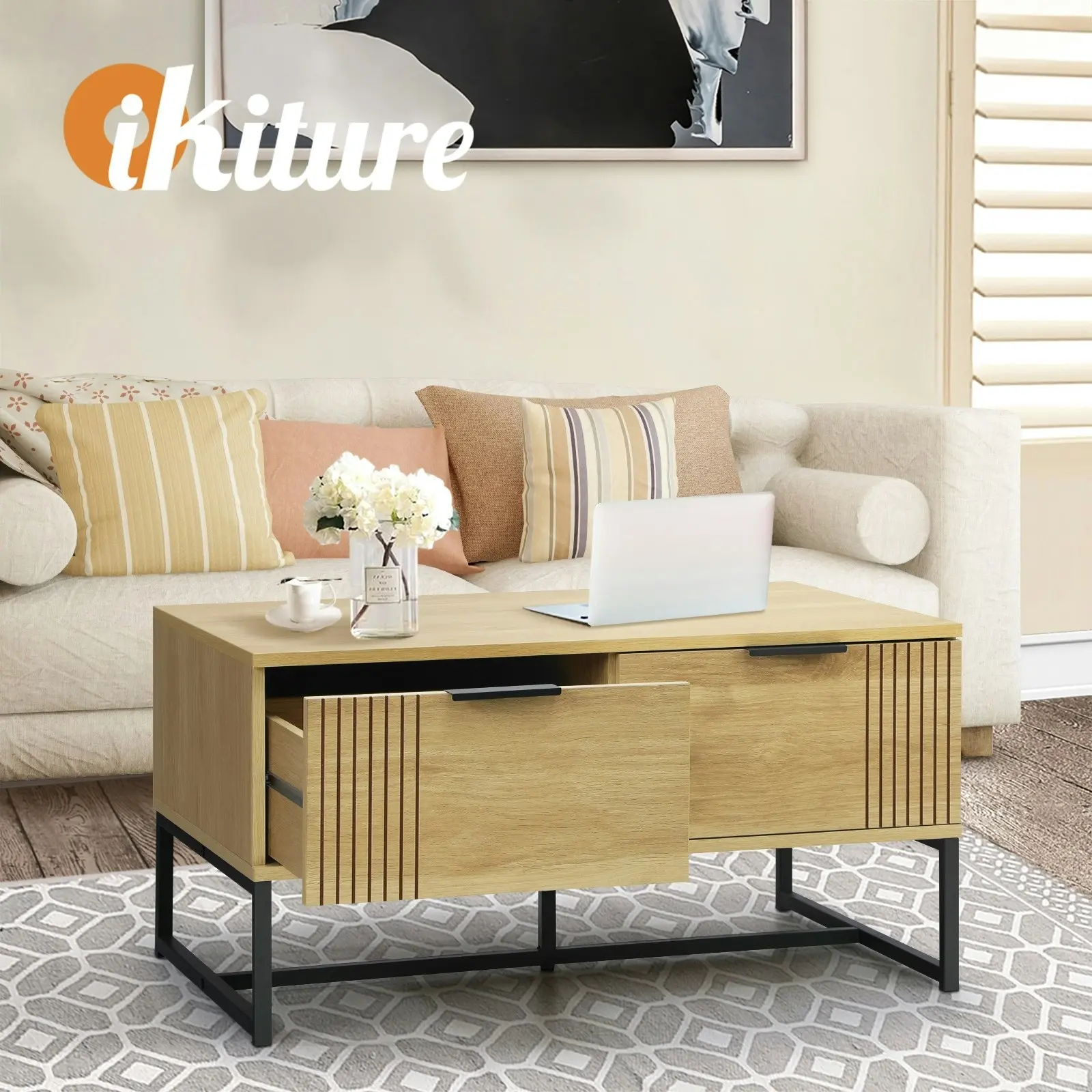 Oikiture Coffee Table With Storage Drawers Natural