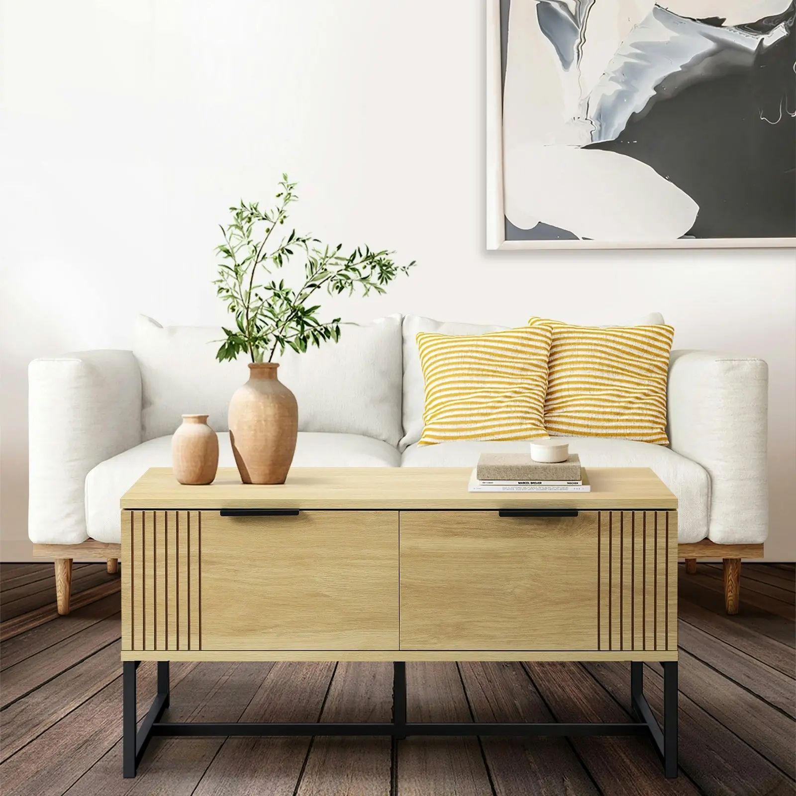 Oikiture Coffee Table With Storage Drawers Natural