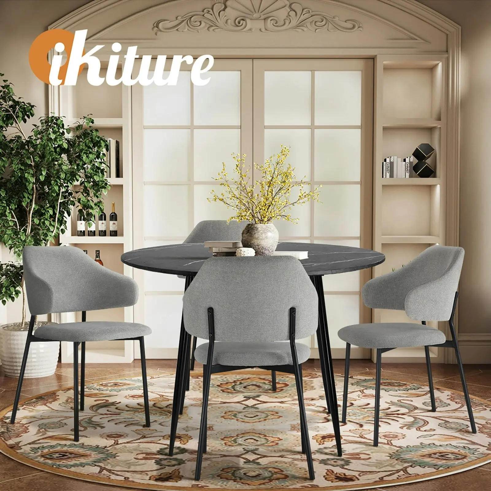 Oikiture 110cm Round Dining Table Black&Grey with 4PCS Dining Chairs Linen Grey