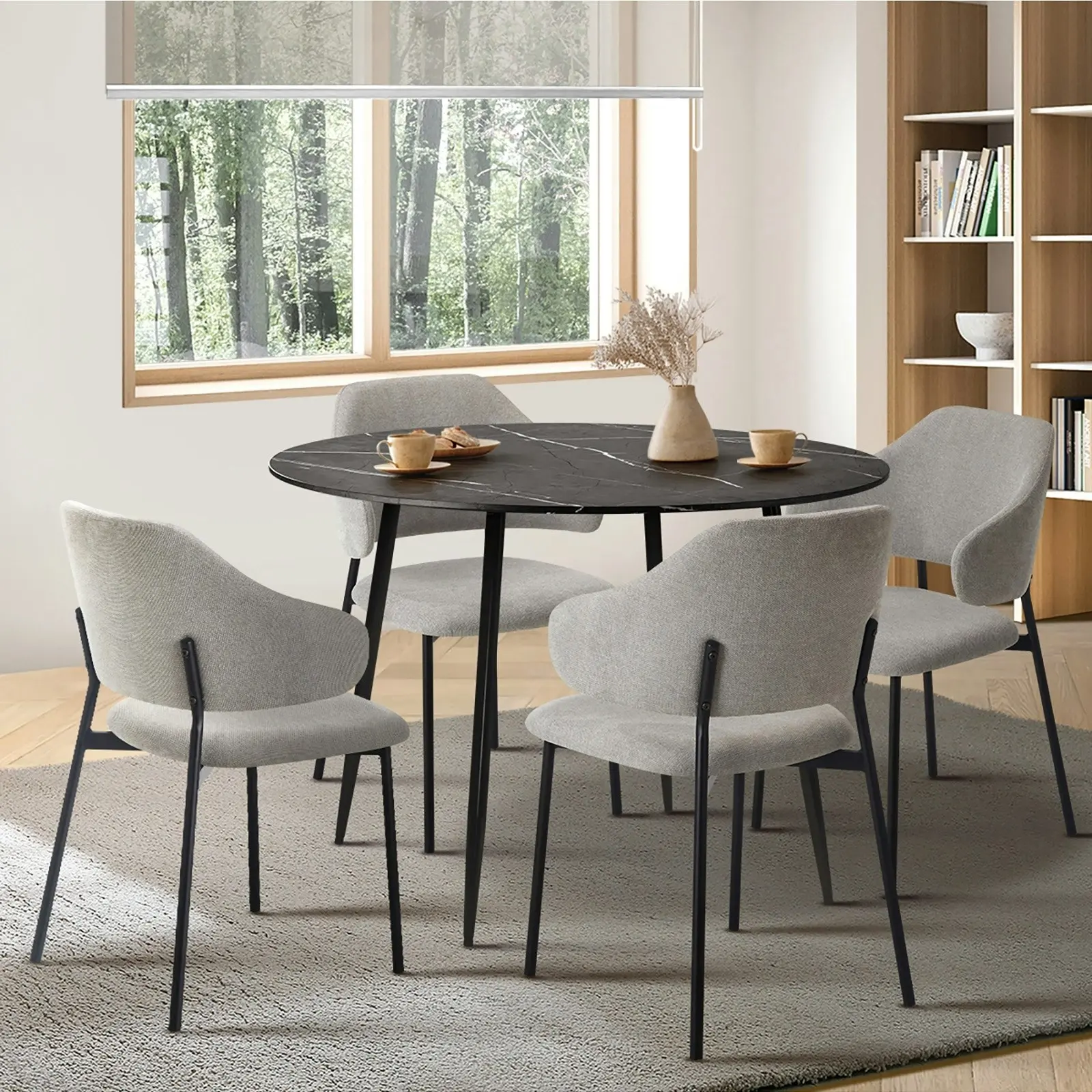 Oikiture 110cm Round Dining Table Black&Grey with 4PCS Dining Chairs Linen Grey