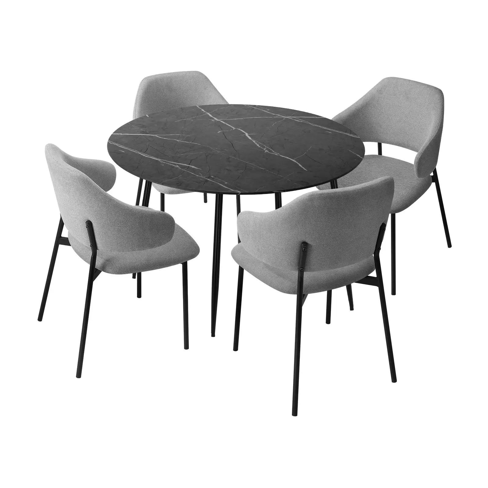 Oikiture 110cm Round Dining Table Black&Grey with 4PCS Dining Chairs Linen Grey